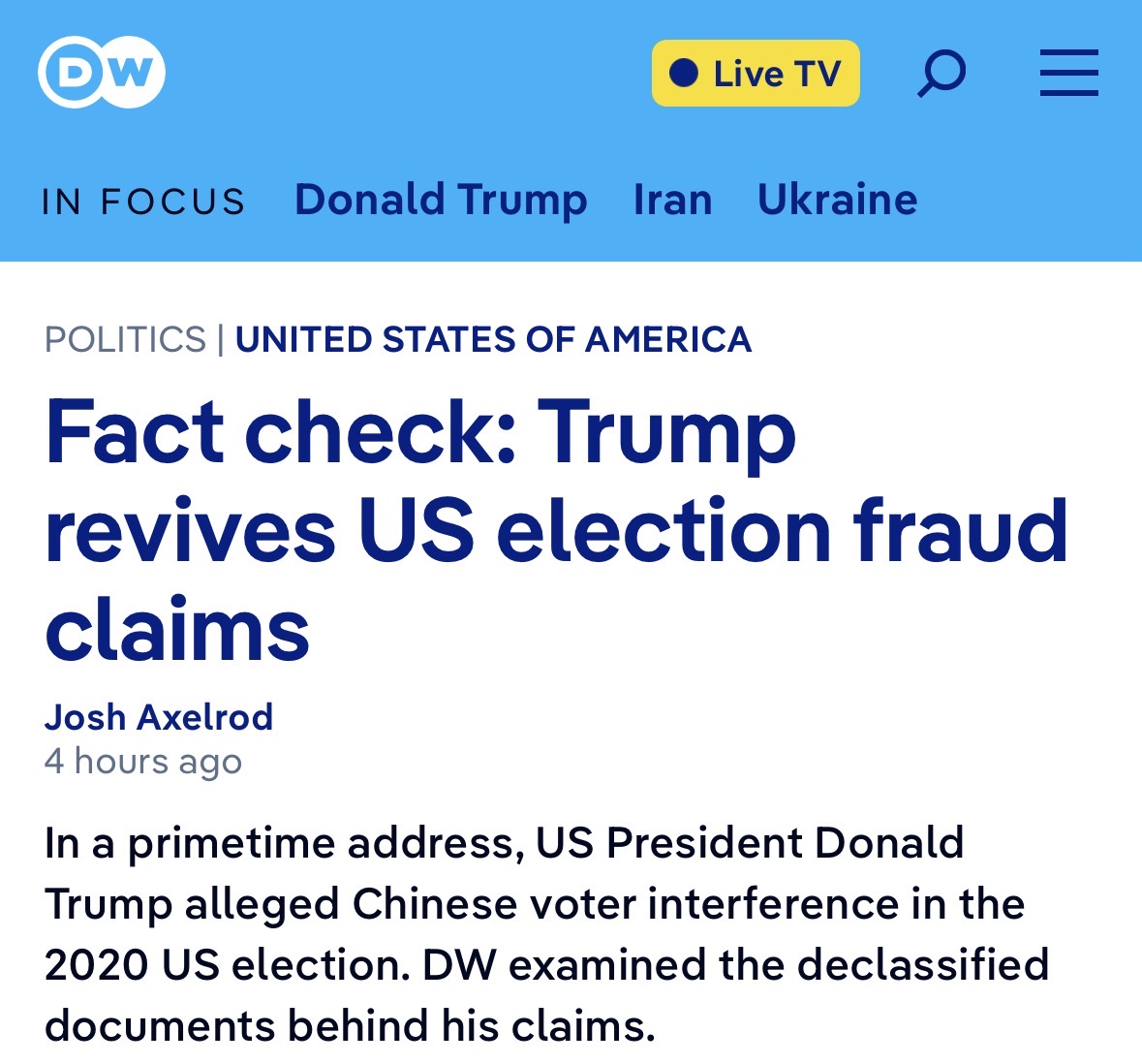 FreeSpeechAmer's tweet photo. The Google News protection racket is in full swing after Trump's national address in which he discussed how China interfered in the 2020 election. 

Trump dropped a bombshell: the US intelligence community knew China had interfered in the 2020 election, but then scrubbed their assessments to keep the President and Congress in the dark.

Google News not only buried the lede; it perpetuated the lie perpetrated by bad actors at the CIA and FBI.

Google's stories this morning repeated and extended the fabricated intel assessments that Trump exposed, promoting 4 stories (2 from foreign, disgraced outlets, and 2 from radicals American outlets)

BBC: "The US intelligence community has previously concluded China did not interfere in the 2020 election."

NYT: "Documents released by the Trump administration to support the president's claims do not back up his most aggressive statements." Then deep in the article is this tortured qualification, "It is true that the documents show an intense debate among intelligence officials about alerting their superiors."

German Media: "the official view of the US intelligence community ... is that there were 'no indications that any foreign actor attempted to alter any technical aspect of the voting process"

CNN: "We'll be monitoring what the president says tonight ... but aren't taking it live, given that the president has a well-documented history of saying blatantly false things about elections."