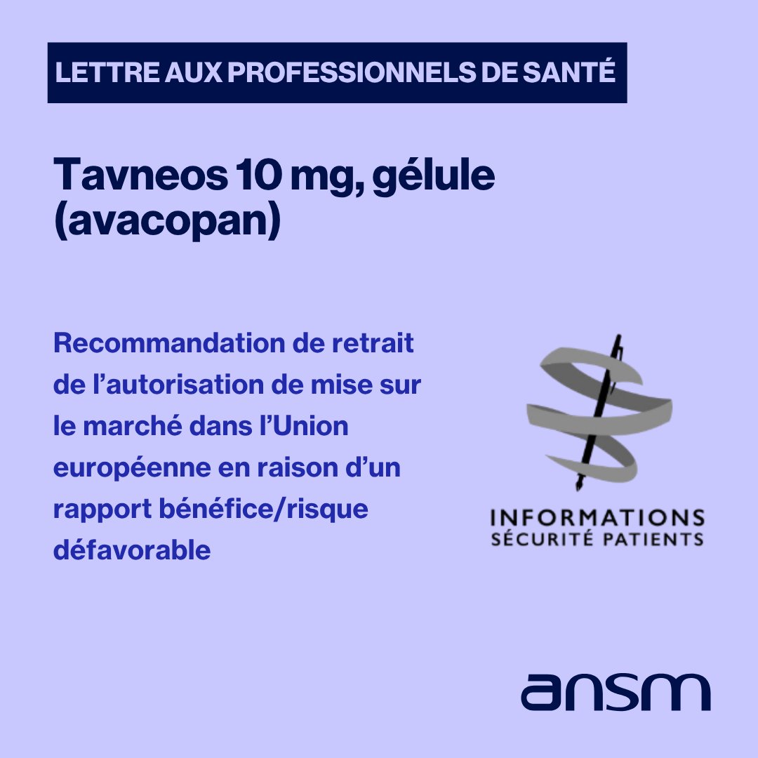ansm's tweet photo. L'Agence européenne des médicaments a rendu un avis en faveur du retrait de l'autorisation de mise sur le marché de Tavneos 10 mg, gélule (avacopan)

Consultez les conduites à tenir 🔗 https://t.co/bsBx0D5pcl https://t.co/v53U3Kh3L9