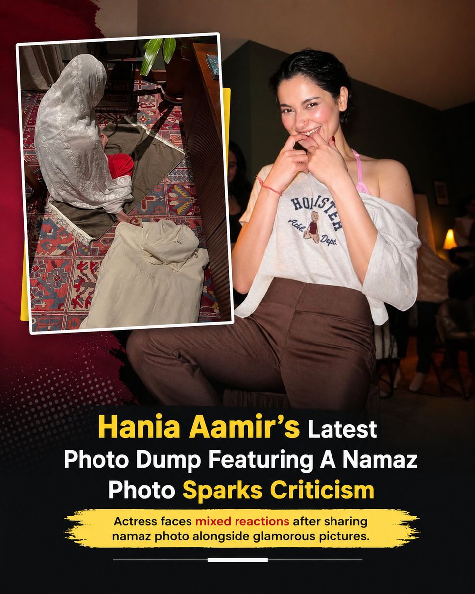 MuneebaaaKhan's tweet photo. Hania Aamir faced mixed reactions on social media after sharing a photo of herself offering namaz in hijab alongside glamorous pictures in the same Instagram post. 📱🙏
#HaniaAamir #SocialMedia #InstagramPost https://t.co/bV4aulkdcj