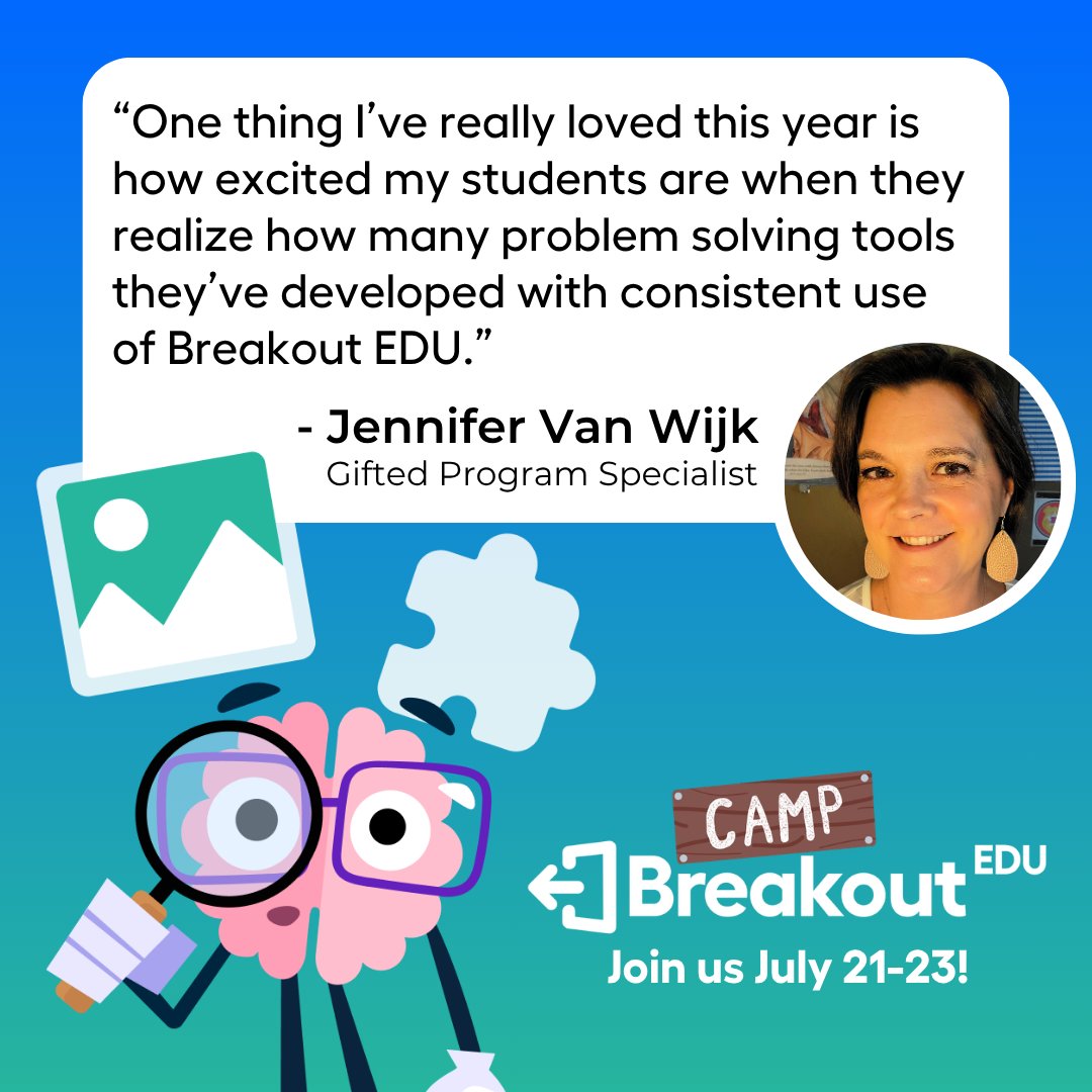 breakoutEDU's tweet photo. Watch your students light up as they collaborate, think critically, and solve problems together.

That’s the magic of Breakout EDU, and Camp Breakout EDU helps you bring it to your classroom.

Join us for free PD, July 21–23: https://t.co/9c7WMgKSTJ 🏕️ https://t.co/gcllTErt4I