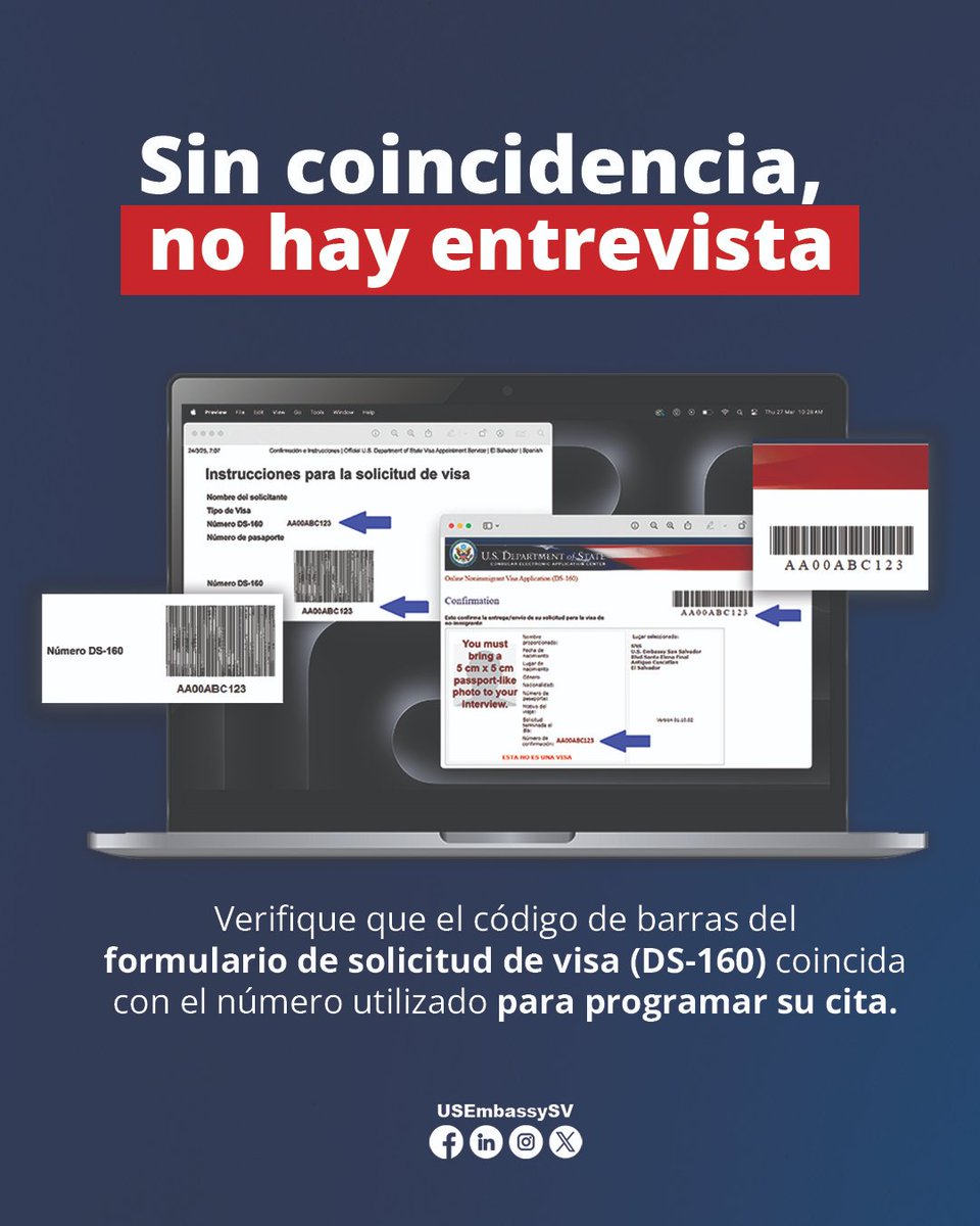 USEmbassySV's tweet photo. El código de barras de su formulario de solicitud de visa (DS-160) debe coincidir con el utilizado para programar su cita de visa.

🔹 Sin coincidencia, no hay entrevista: Si los códigos de barras no coinciden, no podrá entrar a su entrevista.
🔹 Programar si es necesario: Si detecta un error, deberá programar su cita con el código de solicitud de visa (DS-160) correcto en: https://t.co/MbLyAOvS64.
🔹 Atención: Puede modificar el código de barras de su solicitud de visa (DS-160) en su perfil solo una vez después de realizar el pago.

✅ Evite retrasos y asegúrese de que su información sea correcta antes de su cita.