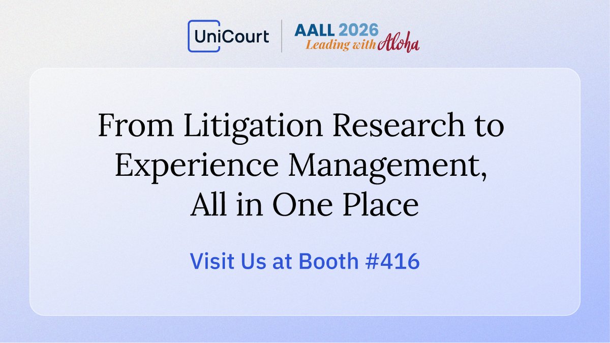 UniCourtInc's tweet photo. #AALL26 is here, and the @UniCourtInc team is ready to connect!

Come find us at Booth #416 for live demos of:
🔍 AI-powered docket research across 4,000+ courts and 2B+ dockets and documents
📊 Litigation analytics to benchmark attorneys, view track records, and uncover data-backed insights
🔔 Automated docket tracking with zero manual effort
📋 Automatic litigation experience capture for faster, more accurate RFPs
🚀 Exclusive previews of upcoming releases

#LegalTech #LawLibrarians #LitigationData #LegalResearch #LegalInnovation