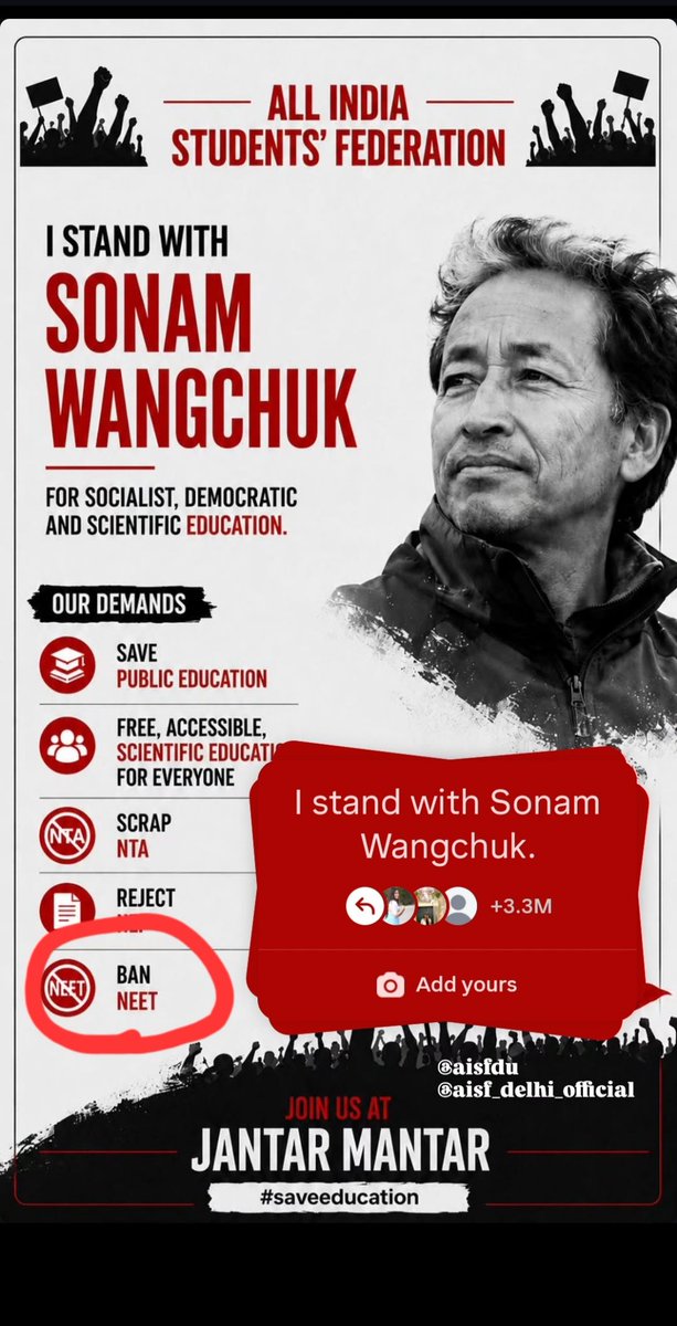 varunjoshii69x's tweet photo. Wtf, why is everyone sharing this blindly? It's by AISF, run by CPI, and the protest is about NEET and  they want to ban NEET 🤡.
#sonamwangchuk #Cjp https://t.co/TQpMibYoaa