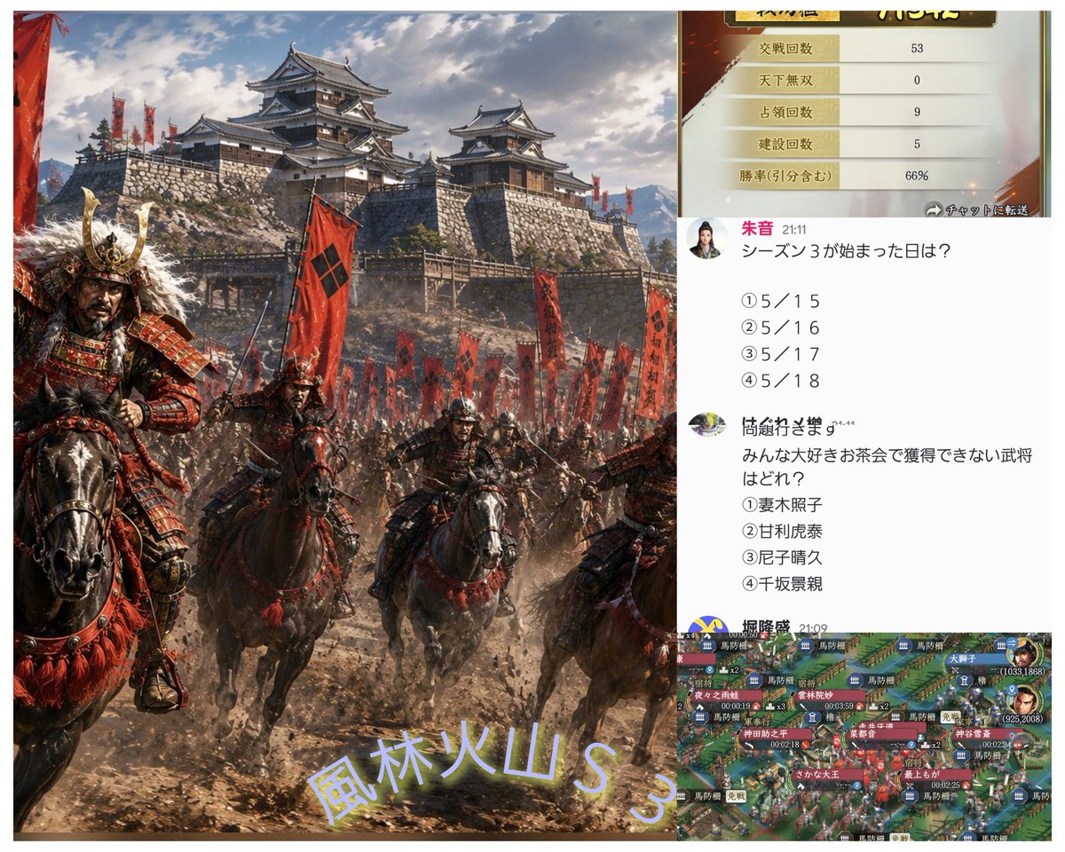 akane00akane0's tweet photo. 【風林火山】

戦備イベント『セクションA』は残念な事に覇業の為の攻城と被ってしまって負けちゃったけど協力してくれた一門には感謝しかありません。
　　　　いいね＆リポお願いします
#信長の野望真戦
#栄冠争奪戦 https://t.co/suEFMKPYLQ