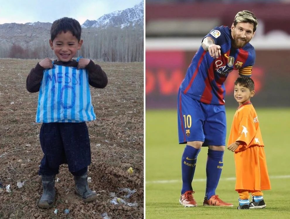 IranObserver92's tweet photo. Afghan boy who had plastic bag Messi shirt meets his idol https://t.co/fmZnlo3hmT