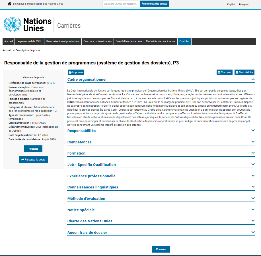 CIJ_ICJ's tweet photo. EMPLOI : la #CIJ recrute un(e) Responsable de la gestion de programmes (système de gestion des dossiers, P3).

Date limite pour postuler : le 6 août 2026.    

Lien vers l’avis de vacance : https://t.co/2OmgAN4oIk https://t.co/5E7490NMtG