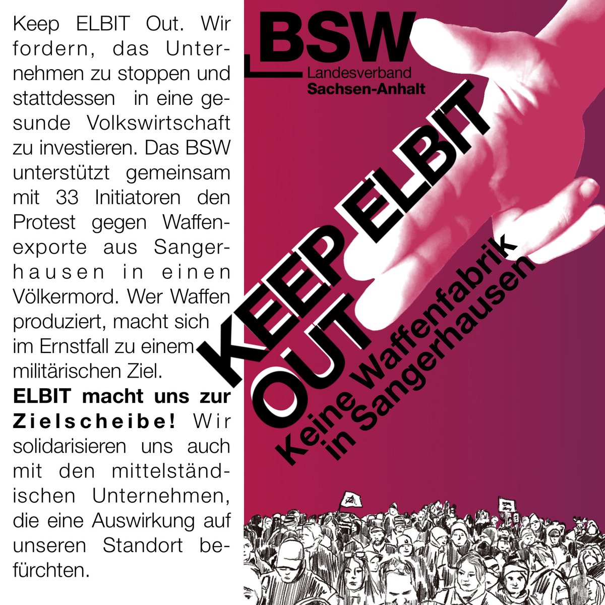 bsw_vg_lsa's tweet photo. 🚫 KEINE WAFFENFABRIK IN SANGERHAUSEN

https://t.co/ilAfEoolKF

#KeepElbitOut #Sangerhausen #SachsenAnhalt #BSW https://t.co/iQ6N8im8Ow