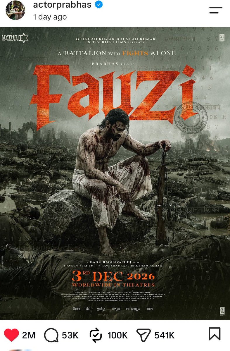 Sama_Gautham_'s tweet photo. First 100k Reposts for any India Film #FAUZI https://t.co/r2PBIbT1sa