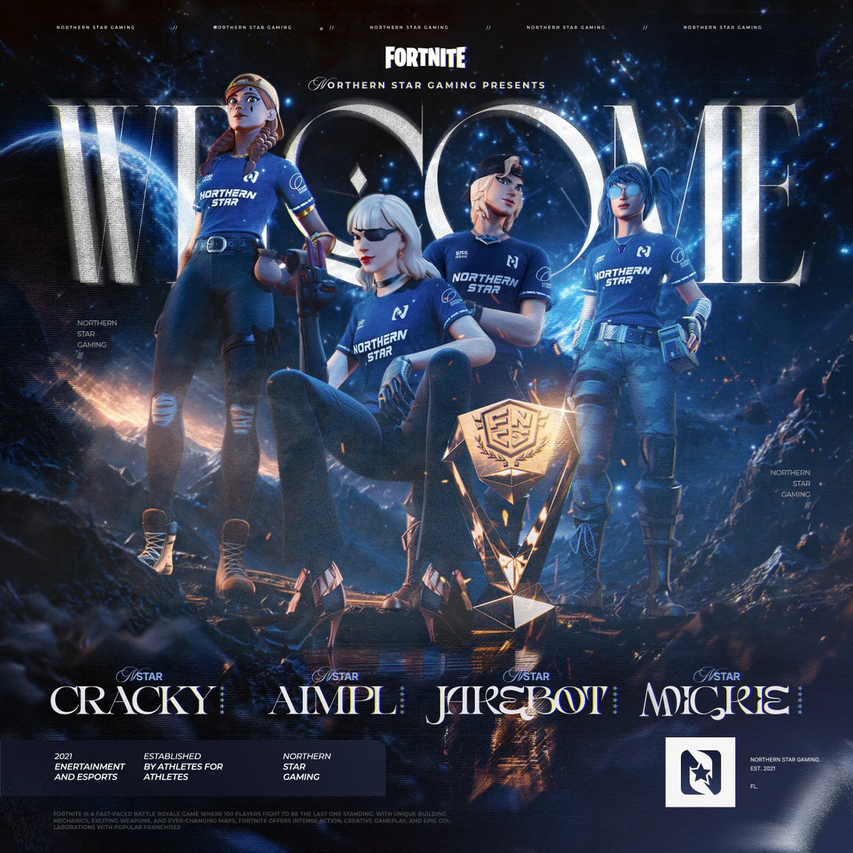 NorthernStarEU's tweet photo. We’ve owned the big stages. Now we’re bringing the next wave of prodigies to them.

Please welcome the newest additions to the @NStarTalents Prodigies roster:

⭐️ | @aimpluh
⭐️ | @Cracky_FNBR
⭐️ | @Jxkebot
⭐️ | @MickieFNBR

#UnderTheStar #NStarTalents https://t.co/JjtLVsYKC0