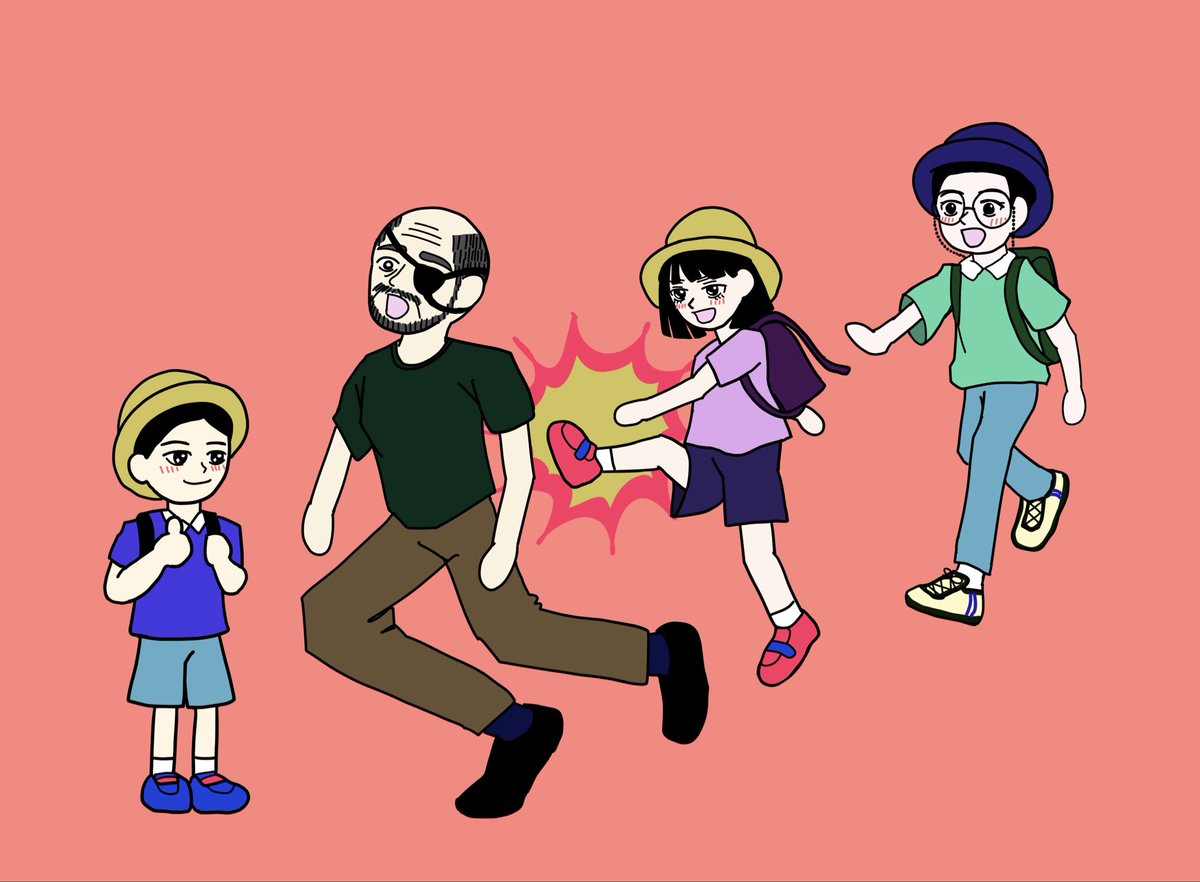 dango3tarashi's tweet photo. 100人ということで
♪ 1年生になったら、友達100人できるかな♪
の歌を思い出したので、小1の🟦、🦊と振り回される🐉先生と小６🪭さんです！ https://t.co/uPxhrFgcuD