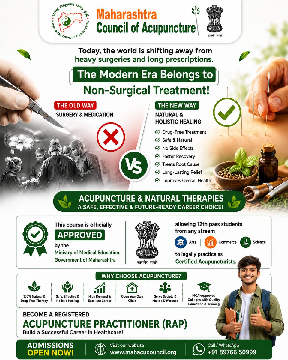 mahaacupuncture's tweet photo. The modern era belongs to non-surgical treatment! 🌿✨ Today, the world is rapidly shifting away from heavy surgeries and long prescriptions toward natural, holistic healing.
Admissions are OPEN NOW!
🌐 Visit our website: https://t.co/QZwDIDlrHX
📞 Call / WhatsApp +918976650999 https://t.co/dKwxvVzFas