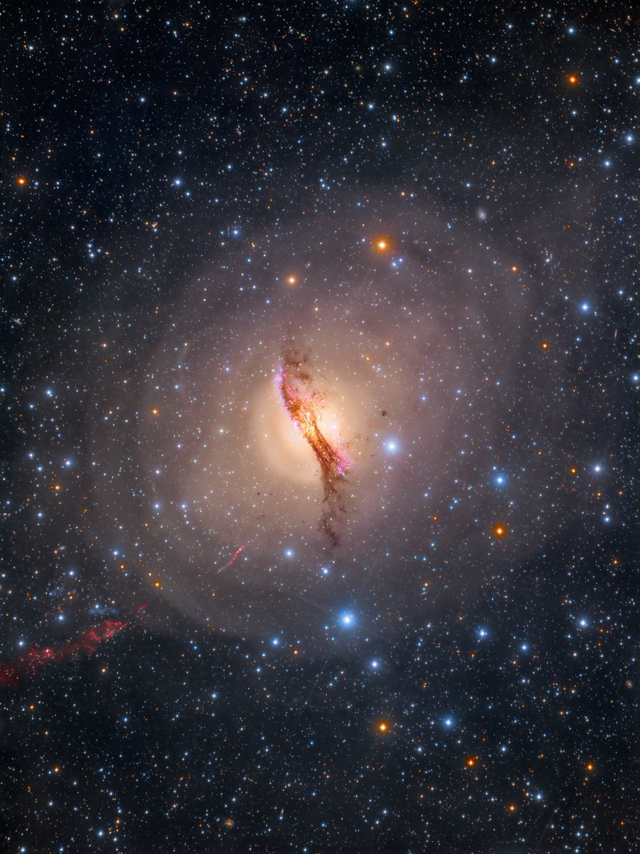 konstructivizm's tweet photo. Centaurus A (NGC 5128) is one of the nearest active radio galaxies to us, located approximately 12 million light-years away in the constellation Centaurus. Its diameter is estimated at around 60,000 light-years, and at its center lies a supermassive black hole with a mass of about 55 million times that of the Sun. Centaurus A emits powerful radio jets stretching over a million light-years, making it one of the brightest radio sources in the sky. The galaxy features a distinctive dark dust lane—the result of a collision with another galaxy about 200 million years ago.

Centaurus A should not be confused with Sagittarius A*—the compact supermassive black hole at the center of our own galaxy.

🌙