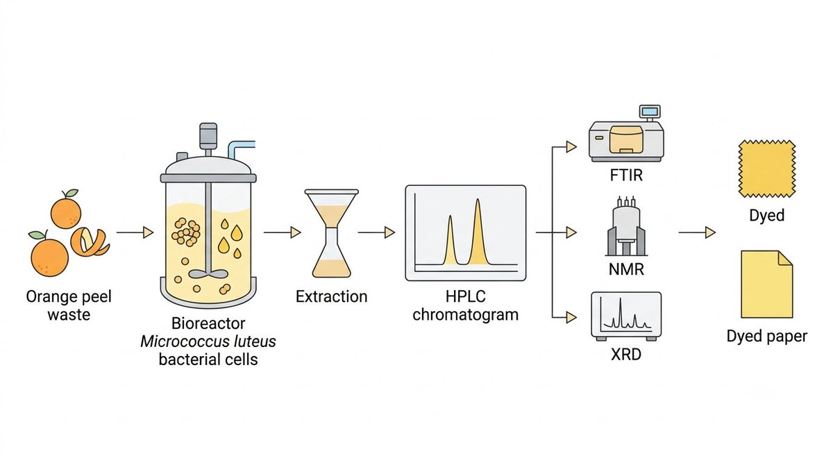 HPLC_Shop's tweet photo. オレンジ果皮廃棄物からMicrococcus luteusが生む黄色色素、HPLCで糖鎖修飾カロテノイド様構造を確認
A Biologically Active Yellow Pigment From Micrococcus luteus (PX673990), Production, Extraction, Purification, Characterization, and Application in Textile and Paper Dyeing.
https://t.co/wVgNE3FCYB

食品廃棄物のオレンジ果皮を基質にM. luteus（GenBank: PX673990）で色素生産に成功した研究。最適化条件下で14.94 µg/mLの粗色素、部分精製で2.4 mg/Lを得た。HPLCでは2.060分と2.423分に2つの明瞭なピークを検出し、酸素化カロテノイド様化合物の存在を示唆。FTIRとNMR（1H・13C）解析からは、エステル化脂肪酸を持つ糖鎖修飾カロテノイド様構造が推定され、XRDでも17〜28°に鋭いピークが見られ高い結晶性を示した。廃棄物活用型のバイオ色素生産の一例として興味深い。
#HPLC #分析化学 #バイオ色素