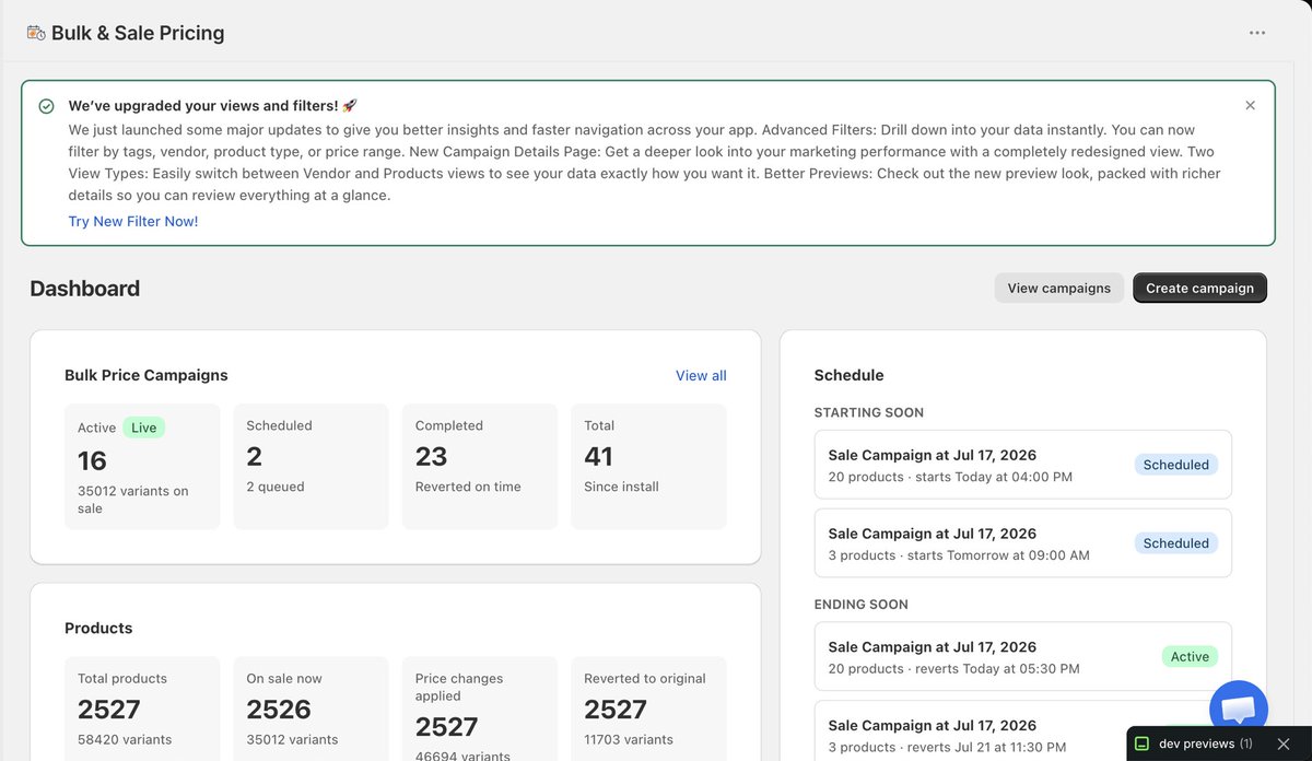 revnous's tweet photo. 📢 ANNOUNCEMENT TO OUR MERCHANTS: We just dropped a massive dashboard upgrade for Revnous Bulk Price Editor to give you absolute control over your flash sales! 🚀 

Here is what’s live today:

🎛️ Product & Variant Workspaces: Switch seamlessly between Product mode and Variant mode to view and organize your data exactly how you want.

📊 New Campaign Details Page: Get clearer information at a glance with advanced live controls to pause, resume, or auto-revert active sales instantly.

🔍 Deep Advanced Filters: Drill down instantly by tags, vendor, product type, price range, or creation date.

💬 Plus, we’ve upgraded our internal App Review API & visibility funnel! 

It's now easier than ever to drop us feedback, share your feature requests, and connect directly with our dev team so we can keep building for you.

Check out the new workspace upgrades now! 👇

https://t.co/49sjoh12qp

#Shopify #Ecommerce #BuildInPublic