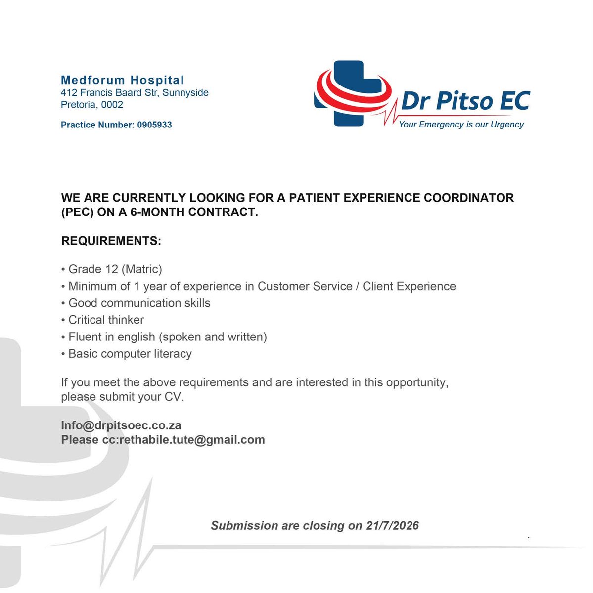 ThabangMabulan_'s tweet photo. We’re Hiring!

Dr Pitso Emergency Centre is looking for a Patient Experience Coordinator (PEC) to join our team on a 6-month contract.

If you have a passion for delivering exceptional patient care, excellent communication skills 

Good Luck!
#OpportunitiesWithThabang https://t.co/oOcFuibjeY