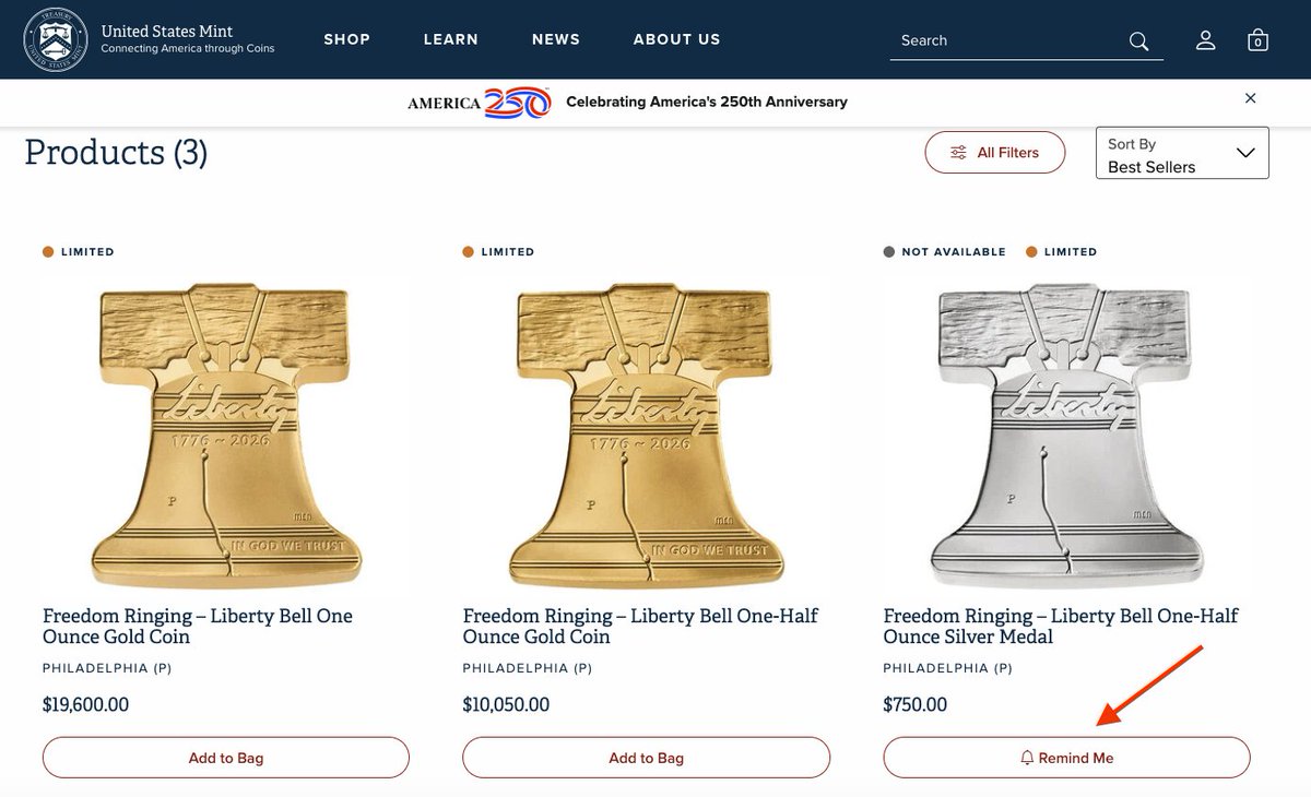 WSBGold's tweet photo. US MINT LIBERTY BELL GOLD AND SILVER SELL OUT 🚨

Yesterday, all three Freedom Ringing Liberty Bell releases sold out within minutes.

Gold was priced as high as $19,600 per ounce, while silver worked out to $1,500 per ounce.

The Liberty Bell gold coins are now back in stock, but the Liberty Bell silver medal remains sold out.