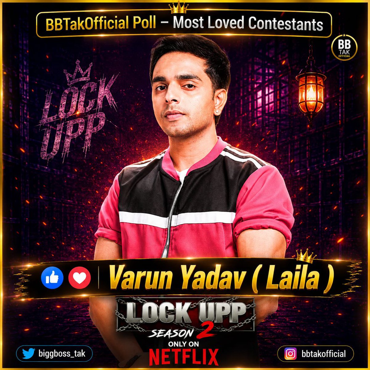 BiggBoss_Tak's tweet photo. 🚨 Biggest & Most Authentic #BBTak Poll - Week2🚨

❤️ Like this post if you're supporting #VarunYadav (Laila) in #LockUpp!

🗳️ Poll ends tomorrow (Saturday) at 9:00 PM.

📌 Note: #BBTak Poll results are based on the total number of likes received on contestants' posts across our Instagram, X (Twitter) & Facebook pages.

🔗 Insta: https://t.co/yuvgwrKBE9

🔗 Facebook: https://t.co/llkeEEEdke