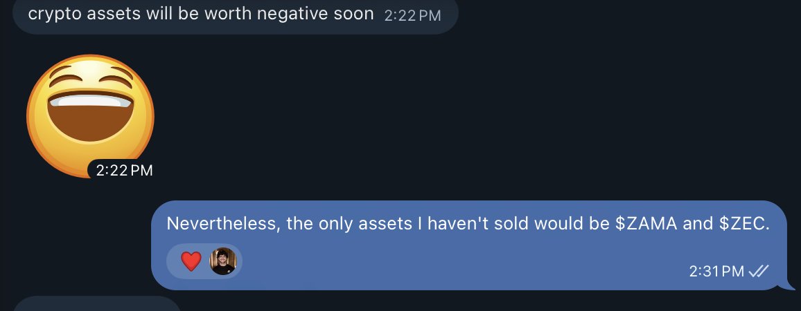 eth_apple's tweet photo. Congratulations to my friend on the win!
advice for investors.

Someone thought privacy tokens would be the next big trend.

→ Found a few projects.
→ Spent a few minutes on charts and research.
→ Invested.
He called it "analysis."
In reality, it was just a fast conclusion.

When your investment process is weak, every price drop chips away at your conviction.
Eventually, you start doubting yourself.

If your conviction disappears the moment the price falls, you probably weren't investing in the project.

You were investing in the price.

Did the fundamentals of the project actually change because the token went down?
> no.

Before you invest in a token, take a closer look at your investment process, not just the chart.

My conviction : @zama  is the HTTPS moment for public blockchains.