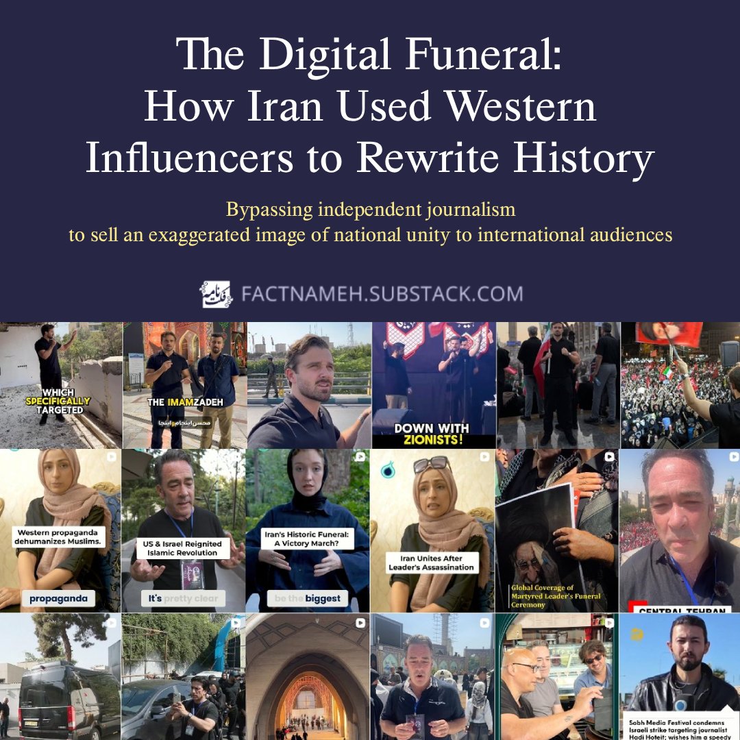 factnameh's tweet photo. ✍️ The Digital Funeral: How Iran Used Western Influencers to Rewrite History

Following the death of former Supreme Leader Ali Khamenei, the Iranian government sponsored media tours for foreign influencers to attend his funeral.
The goal? To project an exaggerated image of national unity and regime stability to the rest of the world.
Influencers like @jacksonhinkle , @MaxBlumenthal , and @ChrisHelali helped push this official narrative, claiming crowd sizes of 20 to 40 million people to their millions of followers, even though actual documented gatherings were only a fraction of that size.
Because these influencers shared the content on their personal accounts, it gave the state-sponsored messaging a false appearance of independent, authentic observation.
Swipe through the three charts below to see how these influencers' accounts drove engagement around this event.
By selecting guests with diverse political backgrounds, Iran was able to feed its narrative to international audiences ranging from the anti-imperialist left to MAGA-aligned populists.

Read the full analysis by Factnameh:👇
https://t.co/mqc0OHsjBG