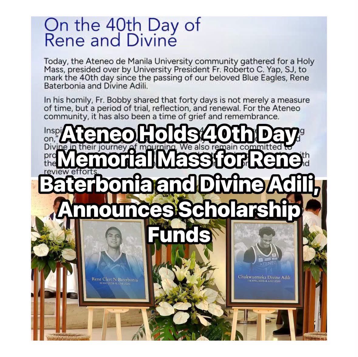VPangilan's tweet photo. Ateneo remembers Blue Eagles Rene Baterbonia and Divine Adili through a 40th-day memorial Mass, honoring their lives, legacy, and the pursuit of justice. 🤍🕊️

#Ateneo #BlueEagles #ReneBaterbonia #DivineAdili #JusticeForReneDivine https://t.co/W7V713wq6a