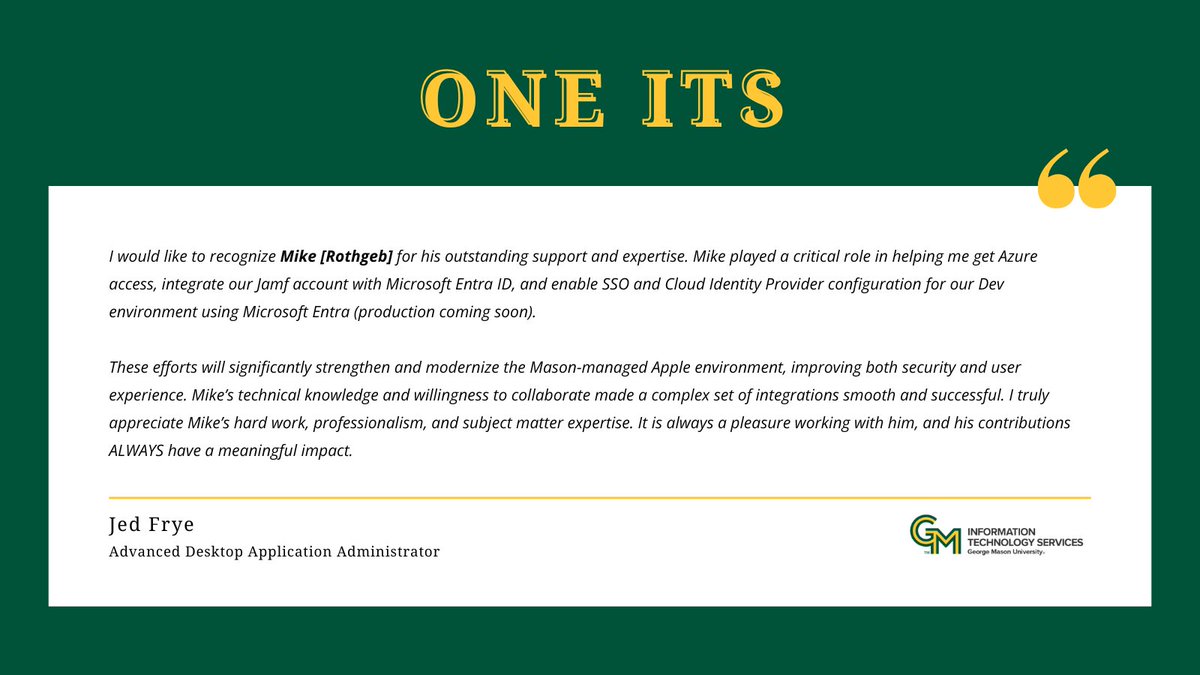 GeorgeMasonITS's tweet photo. Join us every Friday for our One ITS series 💚💛 https://t.co/S44YX5T6Ui