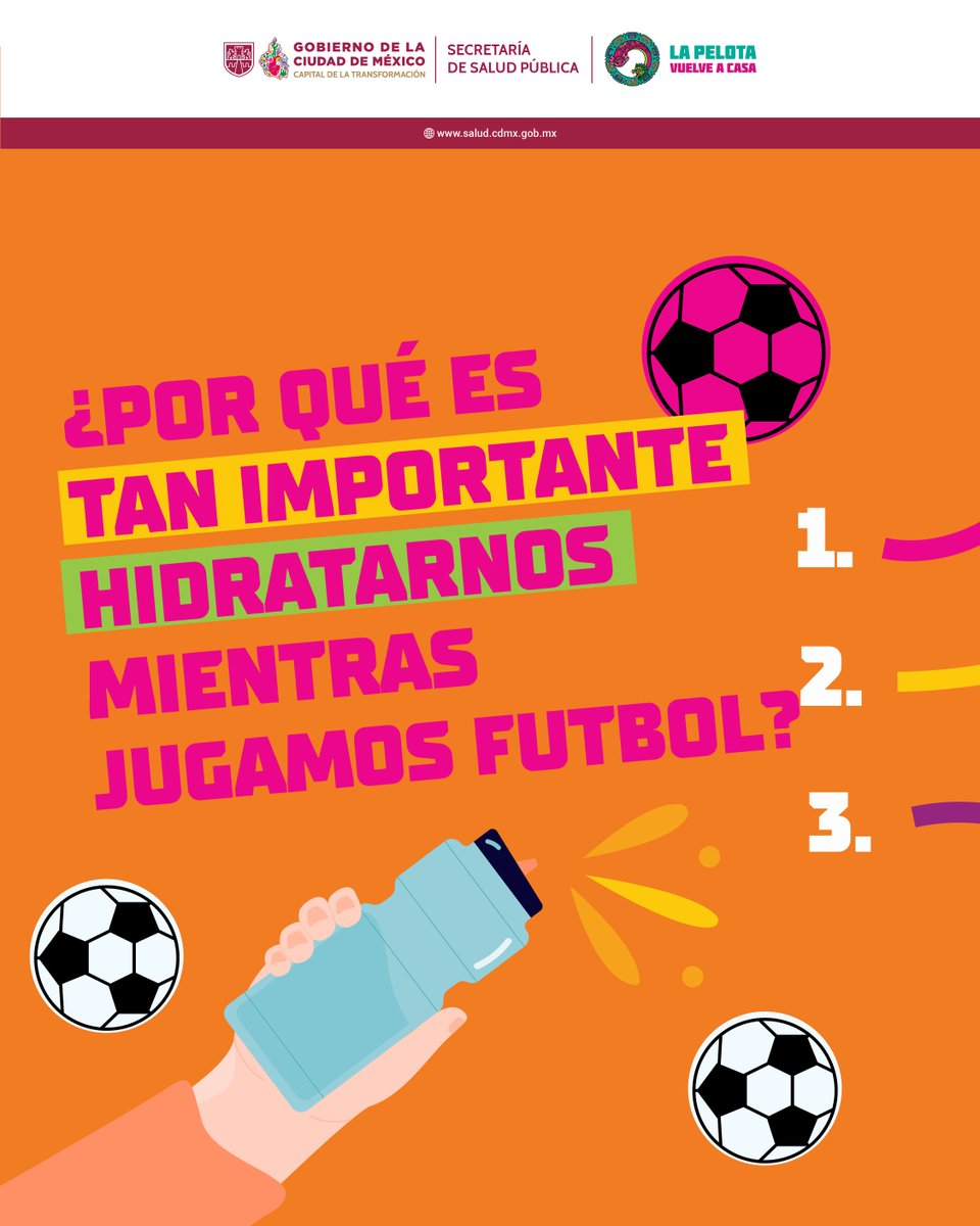 SSaludCdMx's tweet photo. 💧⚽ ¿Te has preguntado por qué es importante hidratarnos mientras jugamos fut? 🥵 ¡Es clave para un buen rendimiento! 💪

🚰 Comparte este #DatoFutbolero con más personas para que también conozcan los beneficios de hidratarse correctamente ✅ y las desventajas de no hacerlo. ⚠️

#SaludEnLaCancha #LaPelotaVuelveACasa #SaludPública #LaPrevenciónEsParteDelJuego #PrevenirEsGanar