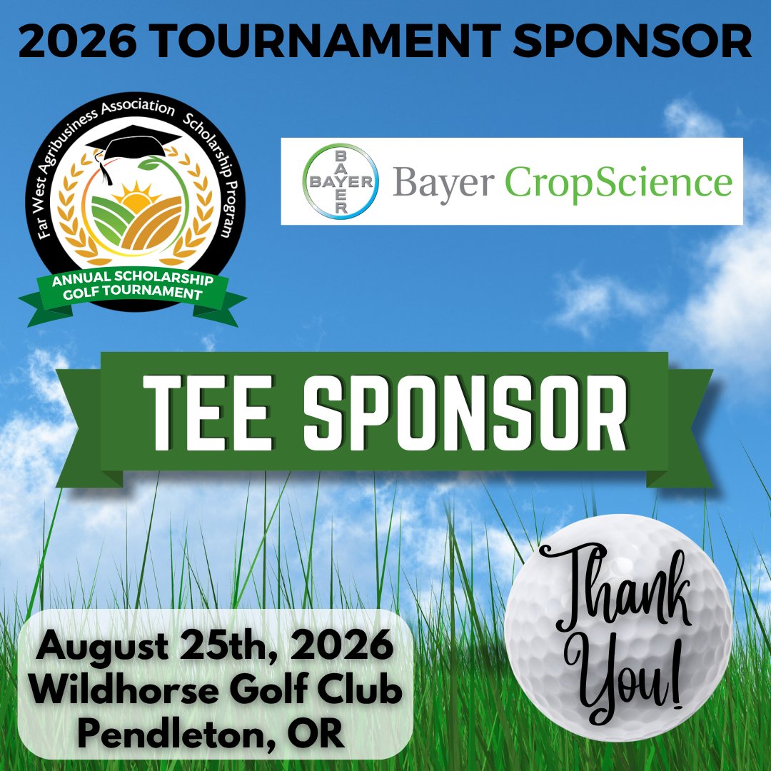 FWAAorg's tweet photo. A big thank you to Bayer Crop Science for being a Tee Sponsor at the 2026 Annual Scholarship Golf Tournament! Join us August 25th at Wildhorse Golf Club in Pendleton, OR! Register today: https://t.co/MhplWUu0lJ
#ThankYou #BayerCropScience https://t.co/xZg8RHV5iT