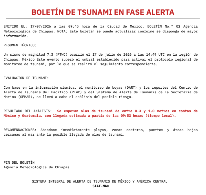 CHIAPAS_AMC's tweet photo. ⚠ BOLETÍN No. 02 SIAT-MAC | ALERTA DE TSUNAMI 🔴

Se emite el segundo boletín para el evento regional tras el #Sismo en #Chiapas. Se esperan Olas de #Tsunami en costas de #México y #Guatemala.

https://t.co/skDPP0sa8a https://t.co/i2aqkeTA4j