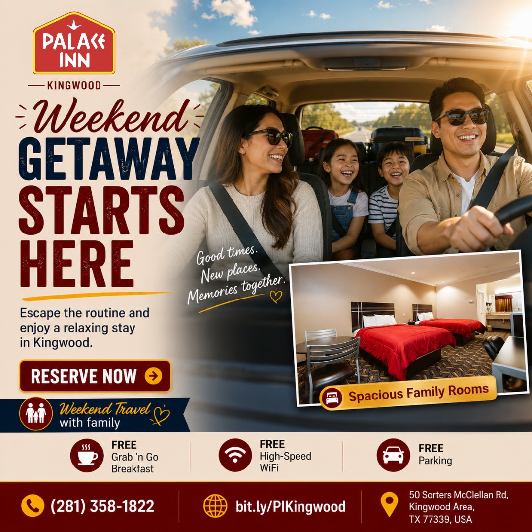 PalaceinnKTX's tweet photo. Pack the car and make it a family weekend! 🚗❤️ Spacious rooms, free Grab 'n Go breakfast, free WiFi, and free parking await at Palace Inn Kingwood. 

Book your getaway today: https://t.co/bw1etu6R79

#PalaceInnKingwood #FamilyTravel #WeekendGetaway #KingwoodTX #TexasRoadTrip https://t.co/loXBdkyd43