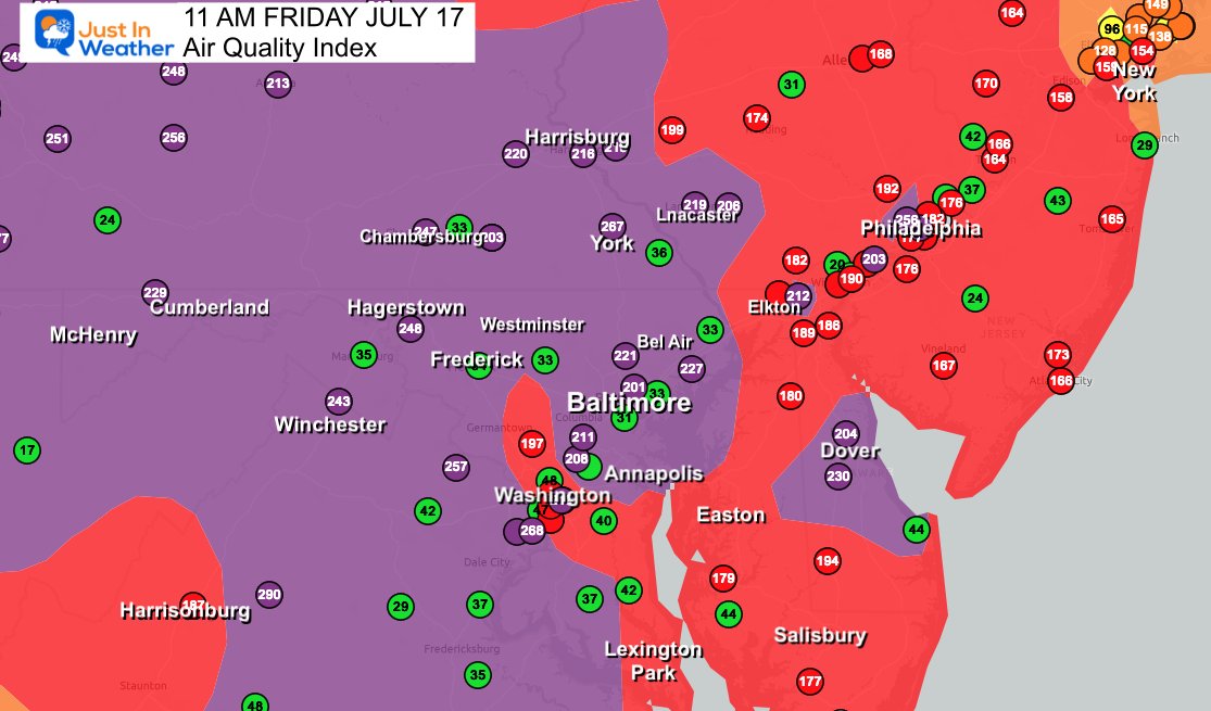 JustinWeather's tweet photo. 🏆🔥☁️ About The Record POOR Air Quality Locally Today
🚨🌫️Baltimore’s Worst Air Quality Days (Modern Record) In. Real Time Data. The EPA will have a formal report tomorrow which may have deeper records to compare...

⏰📉 11 AM number of 201 is down (but still UNHEALTHY) from the peak of 260 earlier this morning (around 6 AM).

📝This Canadian wildfire smoke may have rewritten the record books.
🥇 1. July 17, 2026 – AQI 260 (Very Unhealthy) ⭐ Highest on record

🥈 2. June 29, 2023 – AQI ~205 (Very Unhealthy)

🥉 3. June 8, 2023 – AQI 187 (Unhealthy)

4️⃣ June 7, 2023 – AQI 156 (Unhealthy)

5️⃣ June 30, 2023 – AQI ~150–180 (Unhealthy)

⚠️ All five of these events were caused by smoke from Canadian wildfires, not local pollution.

For comparison:

* 🟢 0–50: Good
* 🟡 51–100: Moderate
* 🟠 101–150: Unhealthy for Sensitive Groups
* 🔴 151–200: Unhealthy
* 🟣 201–300: Very Unhealthy
* ⚫ 301+: Hazardous

For air quality, it depends on the type of record:

* 🌫️ EPA Air Quality Index (AQI): Reliable daily AQI records go back to the late 1990s, when the current AQI system was adopted (1999).

* 🔬 PM2.5 (fine particle pollution): Continuous regulatory monitoring in Baltimore generally goes back to 1999–2000.

* 🏭 Earlier pollution records: Ozone, sulfur dioxide, carbon 
monoxide, and total suspended particulates exist back into the 1970s under the Clean Air Act.

* 📜 Before the 1970s: Records become sparse and are not directly comparable because monitoring methods and pollutants were different.

#smoke
#airquality
#wildfire