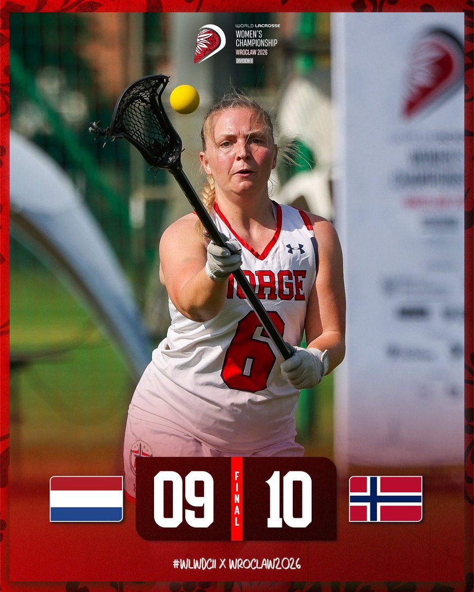 WorldLacrosse's tweet photo. Maria Bergum is CLUTCH โ๏ธ
Her go-ahead penalty goal with 12 seconds remaining sends Norway past the Netherlands and into the 9th place game ๐ณ๐ด
#WLWCDII x #Wroclaw2026 https://t.co/aPdo86bHgF