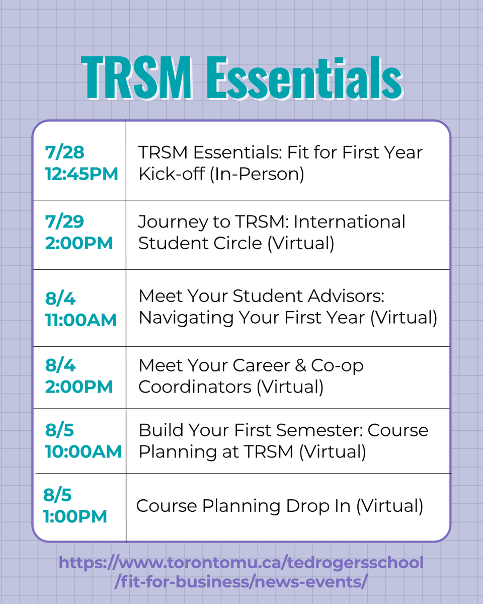 THEMTorontoMet's tweet photo. TRSM Essentials is back with events to help incoming students get ready for fall. Connect with other first-years, get course planning support, and learn what to expect at TRSM. Academic Orientation follows on September 1st with program-specific sessions to help you start strong. https://t.co/oqF6ooBaax