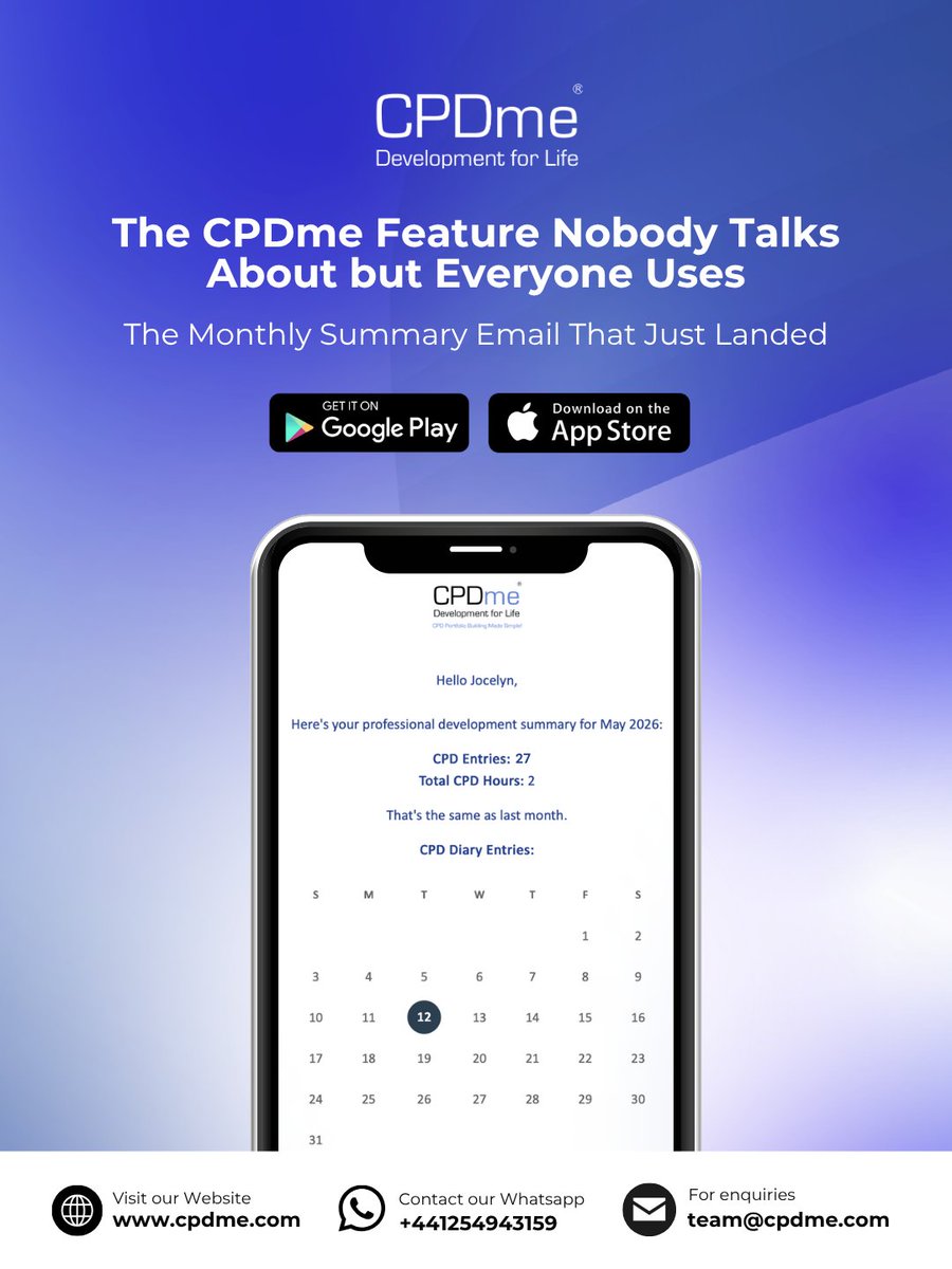 cpdme's tweet photo. Every month CPDme sends you a summary straight to your inbox. Entries logged, hours banked, gaps flagged, without you doing anything.
🔗 https://t.co/VkUipuZD5G
📞 +44 1254 943159
📧 team@cpdme.com
#CPDme #CPDMadeSimple #CPDPortfolio #NMCRevalidation #HCPCAudit https://t.co/EbEeaoRvOy