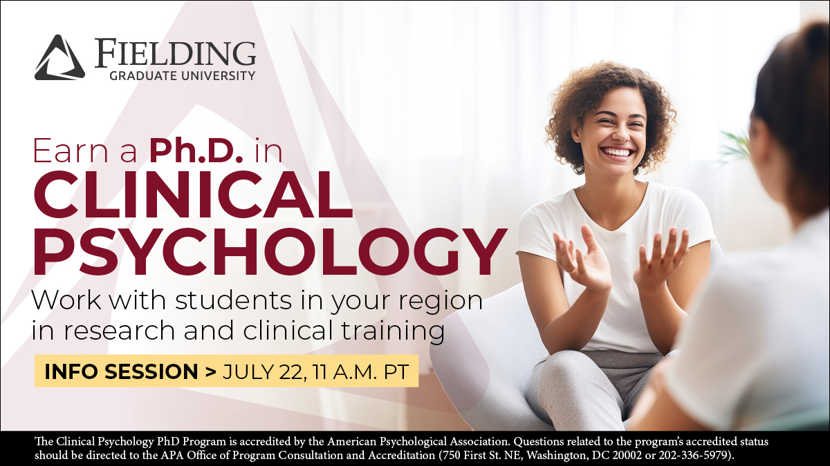 FieldingGradU's tweet photo. Earn a Ph.D. in Clinical Psychology. The Clinical Psychology Ph.D. Program is accredited by the American Psychological Association (APA). Learn more at the July 22 info session: https://t.co/s8J0QV2hLZ https://t.co/0rJIinsJCy