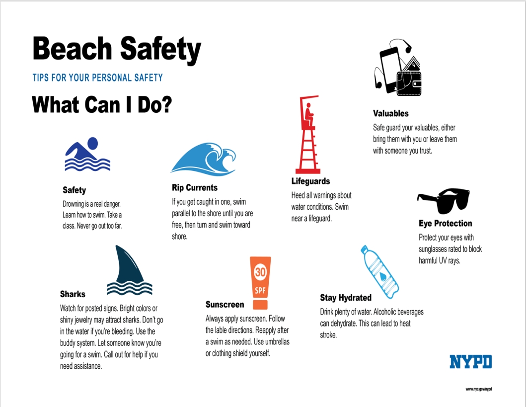 NYPD101Pct's tweet photo. Beach season is here! The NYPD 101 Precinct reminds everyone to enjoy the summer safely.

🌊 Swim only when lifeguards are on duty
👀 Keep a close watch on children
💧 Stay hydrated
☀️ Protect yourself from the sun
🔒 Secure Property

Have a fun and safe summer! ☀️🏖️ https://t.co/LP6LzlckAe