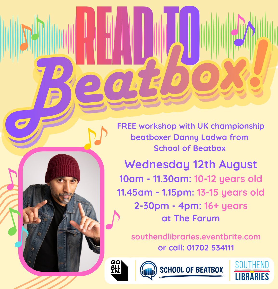 southendlibrary's tweet photo. Here's your heads up! 😎😎😎 This is the coolest you'll be all summer! ✨🎤✨
Danny from @schoolofbeatbox returns to The Forum in August for three FREE age-specific workshops in the art of #Beatboxing. 🎶
Tickets go live TOMORROW at: https://t.co/VwOe8Aeh3S
@southendcityc https://t.co/LREp3Iyb2E