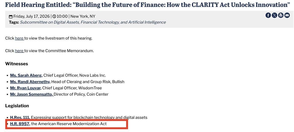 BitcoinNewsCom's tweet photo. 🇺🇸 BITCOIN STRATEGIC RESERVE SET FOR CONGRESSIONAL DISCUSSION TODAY

The House’s CLARITY Act field hearing in New York will also include discussion of H.R. 8957, the American Reserve Modernization Act (ARMA), the bill that would establish a U.S. Strategic Bitcoin Reserve.

The proposal would authorize the Treasury to acquire bitcoin through budget-neutral mechanisms, rather than new taxpayer spending, while requiring regular audits, secure custody standards, and transparency around the government’s bitcoin holdings.

Supporters argue ARMA would treat bitcoin as a long-term strategic reserve asset alongside other national reserves, strengthening the U.S.’s position in the emerging digital asset economy.

Today’s hearing is focused on how the CLARITY Act could unlock digital asset innovation, but the inclusion of ARMA on the agenda signals that congressional discussion around a federal Bitcoin reserve continues to gain momentum.
