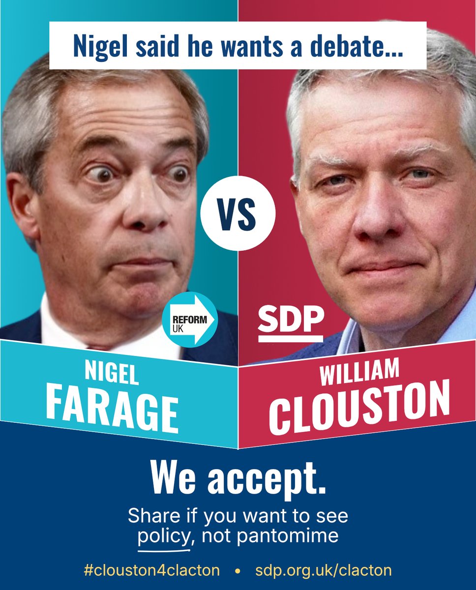 SDPhq's tweet photo. . @TiceRichard went on TV and called four parties cowards for not turning up in Clacton.

We turned up.

He also said Nigel wants a debate.

We accept.

@Nigel_Farage  - name the date. 

#cloustonforclacton https://t.co/qJ6W0TESi7