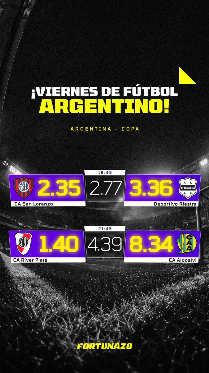 FortunazoAr's tweet photo. ¡Día de Copa Argentina! ⚽🔥 Los 16vos nos traen dos partidazos: 🌪️ San Lorenzo vs. Riestra (18:45) y 🐔 River vs. Aldosivi (21:45).

 ¿Habrá batacazo hoy? 📊

Jugá acá: https://t.co/hvanvJD9Bk https://t.co/CjdMU3JITt