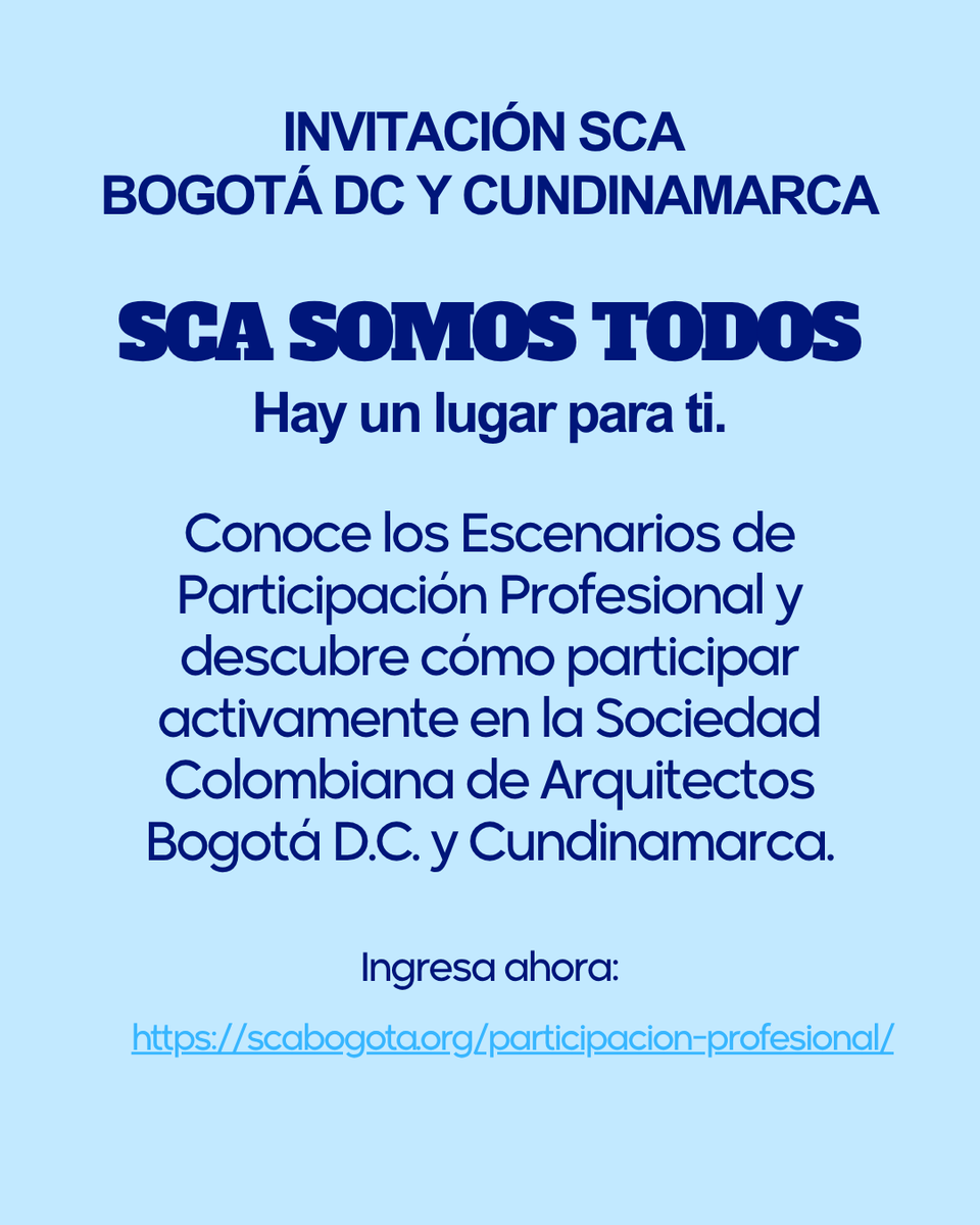 SCABOGOTA's tweet photo. ✨ Hay un lugar para ti.

Descubre los Escenarios de Participación Profesional y encuentra la mejor forma de participar activamente, compartir tu experiencia y fortalecer la comunidad de arquitectos.

🔗 Ingresa ahora y conoce más:
https://t.co/prV8tI3oES
❤️ SCA SOMOS TODOS. https://t.co/1mYrxgzrP5