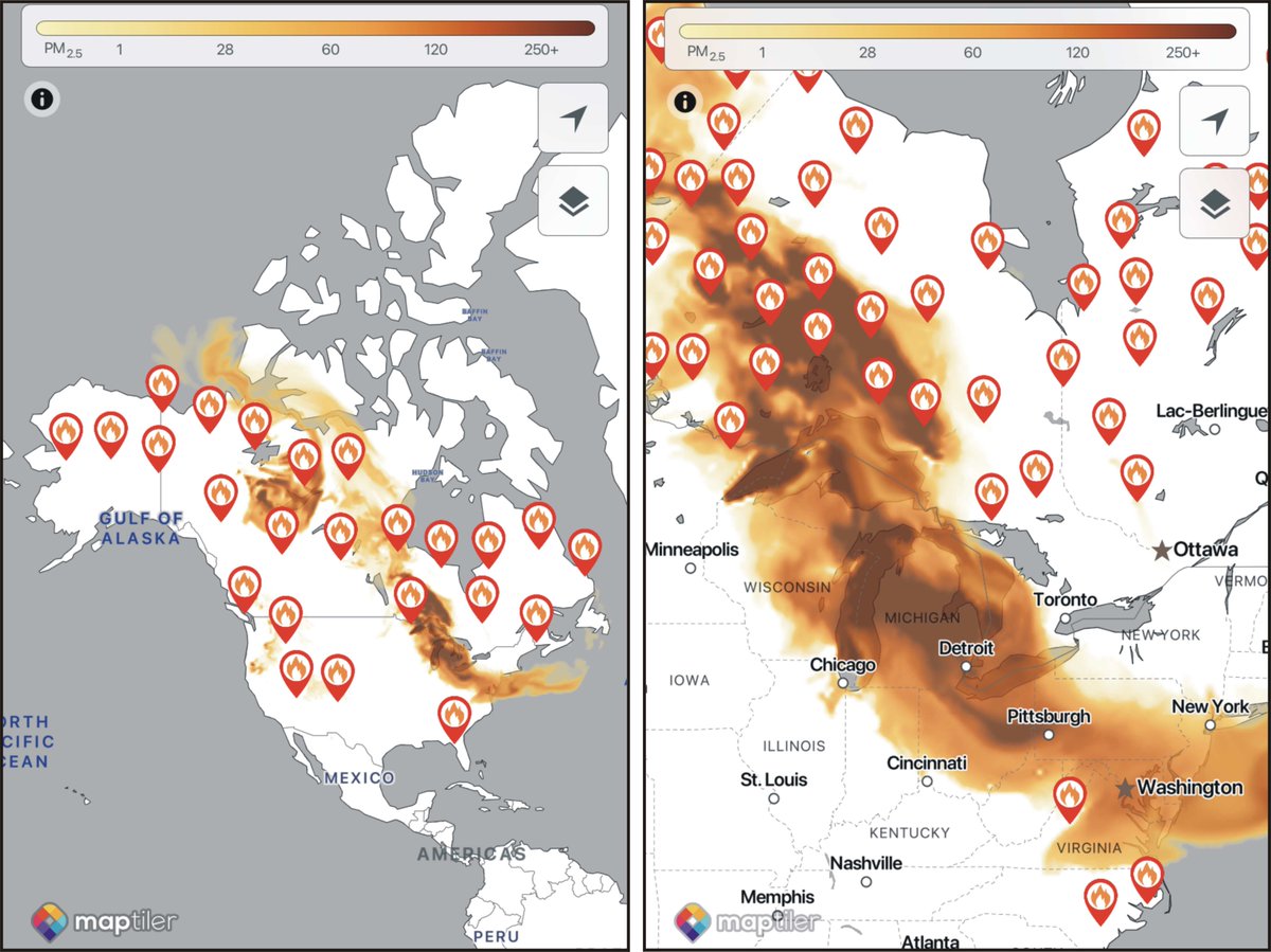 LesMisch's tweet photo. Number and location of forest fires across N. America on left; smoke plume across parts of Ontario, Canada and the northeastern USA on right as of today (PM - Particulate Matter; 0 to 12 = Good air quality; 250+ = Hazardous air quality). Global warming is not a joke! https://t.co/l934XgYfuh