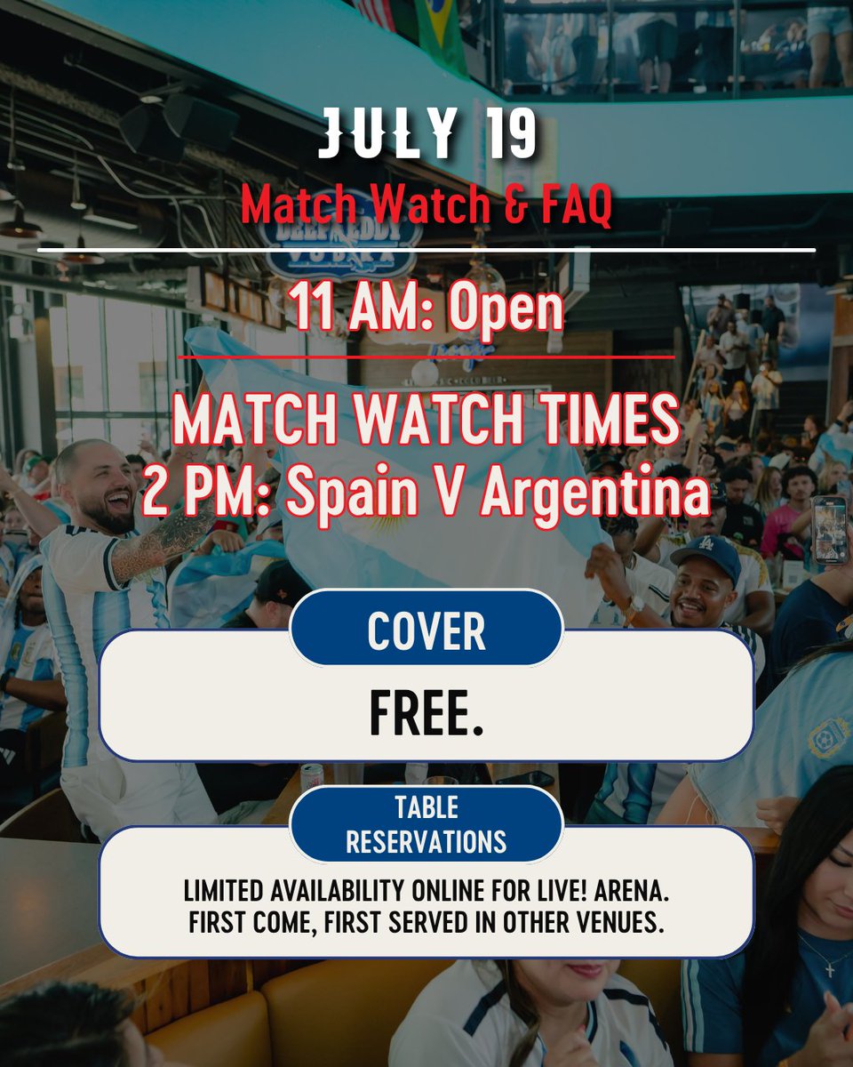 tx_live's tweet photo. ⚽ KNOW BEFORE YOU GO | July 18-19 ⚽ Doors open at 11 am both days!

📺 Watch on the 100-ft Media Wall
🎟️ FREE to enter (no tickets required)

Live! Arena table reservations: https://t.co/4eWK4UcbiK

*Reminder: parking is not controlled by Texas Live! https://t.co/cJ8CvxAk7G