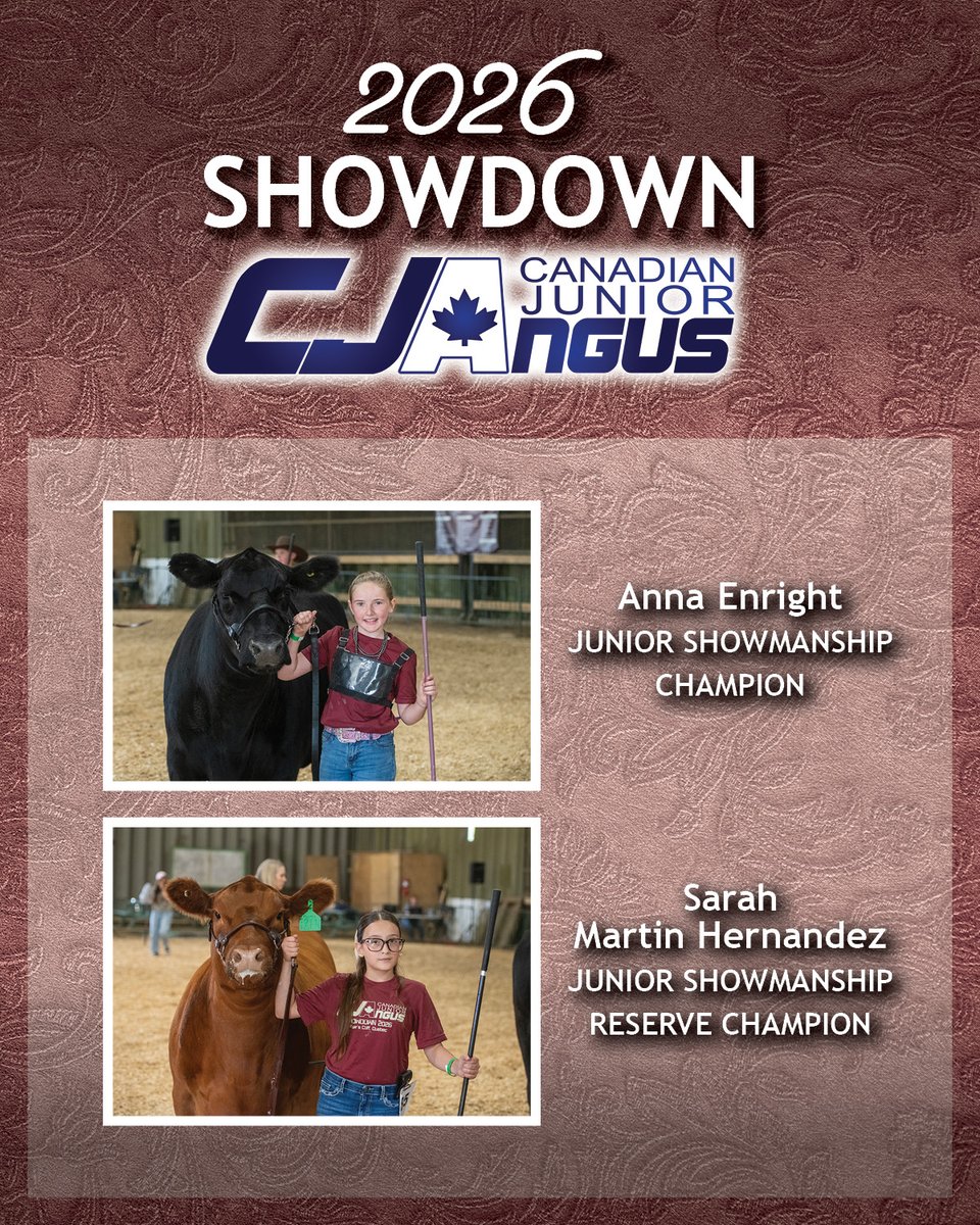 cdnangus's tweet photo. Congratulations to the Junior Showmanship winners at Showdown 2026! 
Champion – Anna Enright
Reserve Champion – Sarah Martin Hernandez
Incredible work by both competitors in the ring! #Showdown2026 #cdnangus #canadianjuniorangus https://t.co/SLNYVvhMaI