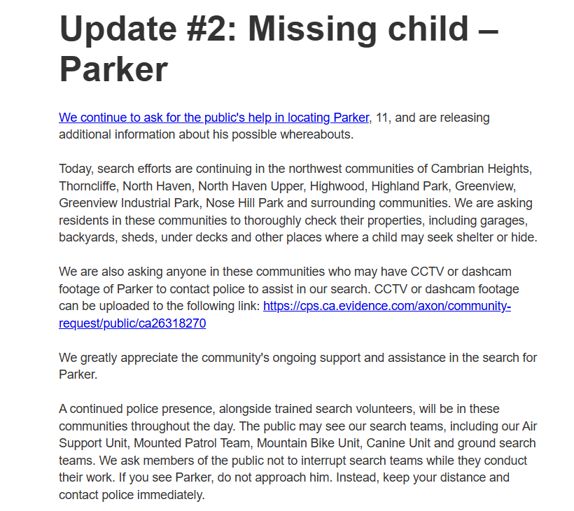 AdamMacVicar's tweet photo. NEW: The Calgary Police Service has search efforts underway for a missing 11 y/o boy across several North Calgary neighbourhoods: 

Cambrian Heights, Thorncliffe, North Haven, North Haven Upper, Highwood, Highland Park, Greenview, Greenview Industrial Park, and Nose Hill Park. https://t.co/UjfQU4dVDd
