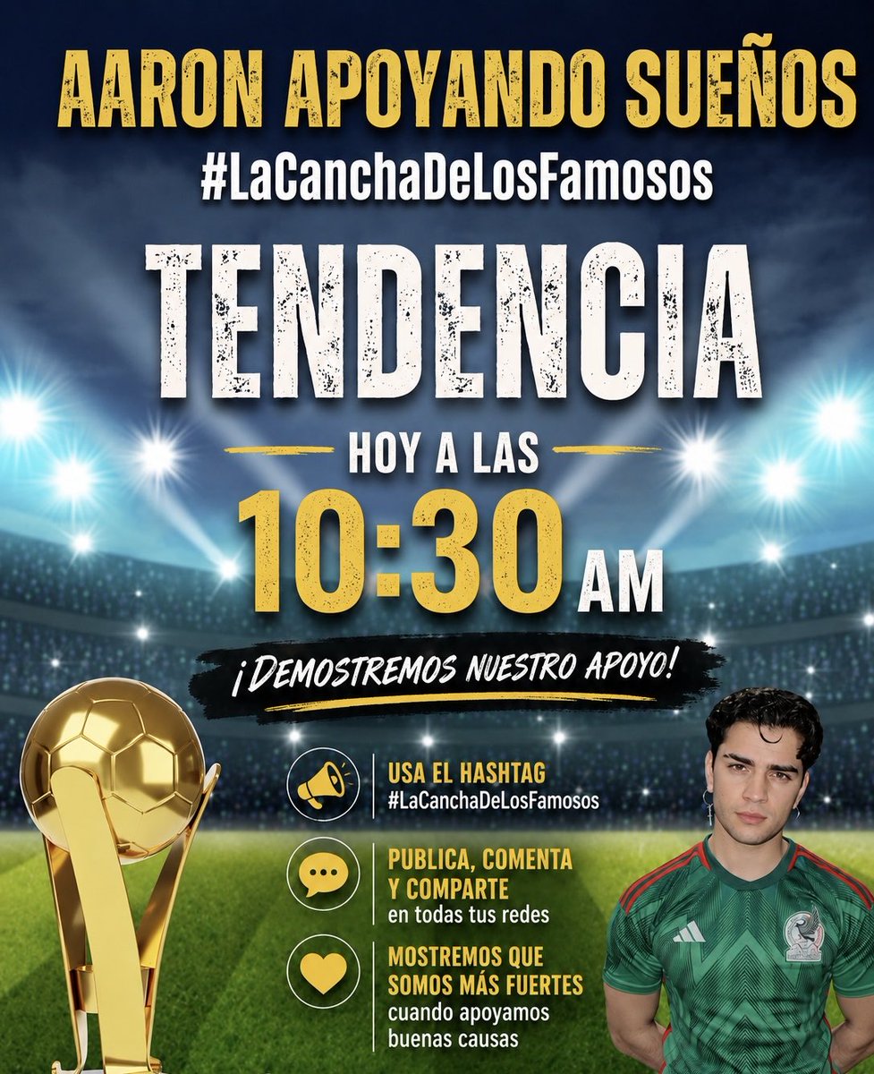 lexila888's tweet photo. 📣💥| ¡TENEMOS TENDENCIA! ⚽️

Frase y #: AARON APOYANDO SUEÑOS 
#LaCanchaDeLosFamosos

⏰ Horario clave: 10:30AM

#AaronMercury #AARONATION https://t.co/iHaJGF8ZJI