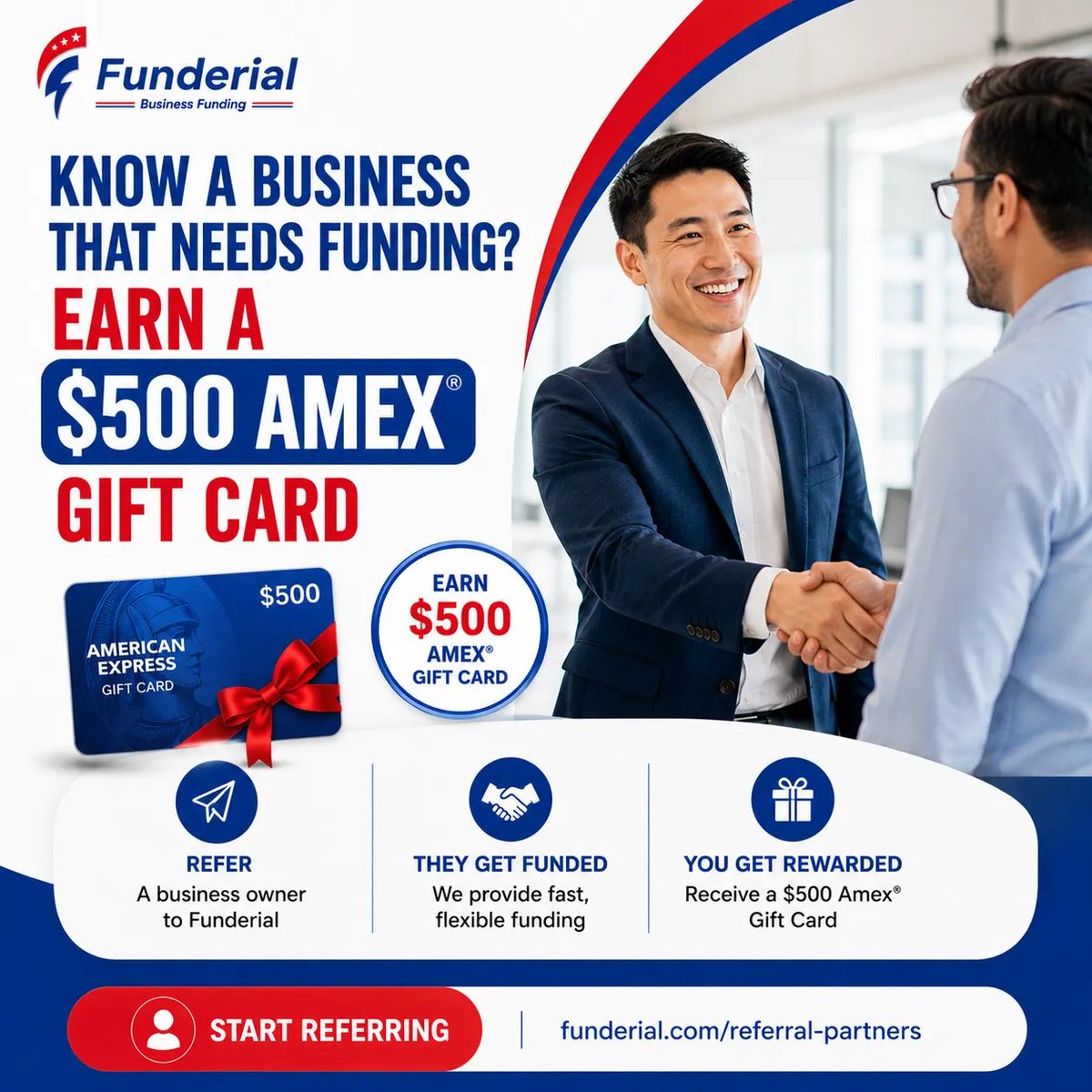Funderial's tweet photo. Know a business that needs funding?
Refer them to Funderial and earn a $500 Amex® Gift Card when your eligible referral closes funding.
✔ They get funded
✔ You get rewarded
Start referring today.
#Funderial #BusinessFunding #ReferralProgram #Amex https://t.co/2VpSFLyMn2