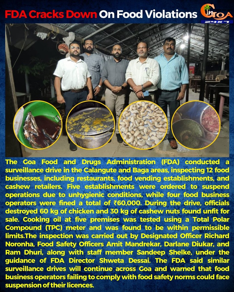 InGoa24x7's tweet photo. FDA Cracks Down On Food Violations
#InGoaNews #InGoa #Goa #GoaNews #FDA #FoodSafety #Calangute #Baga #FoodInspection #PublicHealth #GoaUpdates #BreakingNews https://t.co/PWXdrvAF5r