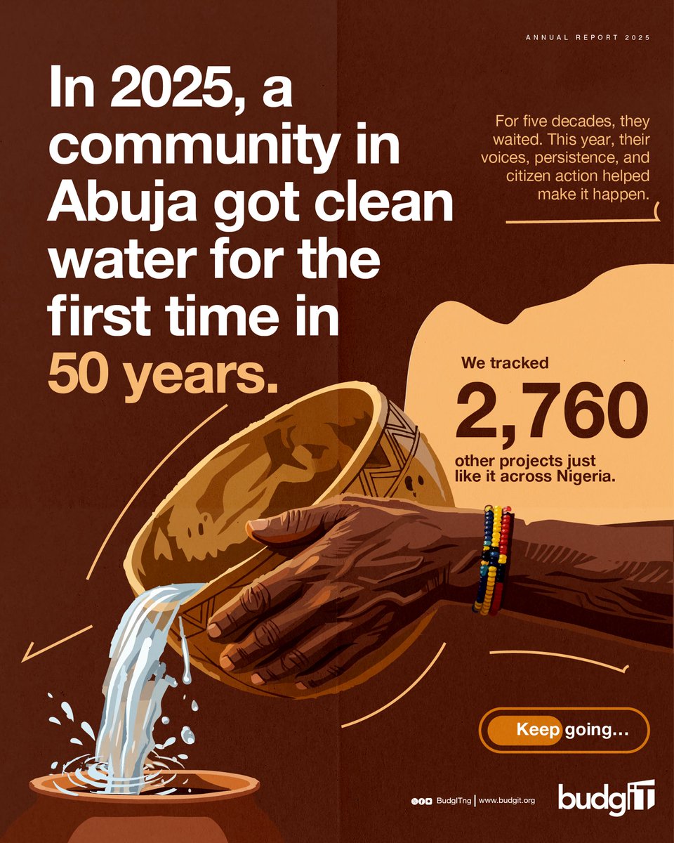 BudgITng's tweet photo. Every year, governments budget and spend trillions of naira in public funds.

How much of it translates into better lives?

That's the question that drives our work.

In 2025, we followed public money beyond the budget documents. We tracked public projects in communities, helped states strengthen climate budgeting, built technology that made public finance easier to understand, expanded accountability efforts across West Africa, and equipped thousands of citizens with the information and tools to demand better governance.

🧵

#AskQuestions #GetInvolved #2025AnnualReport