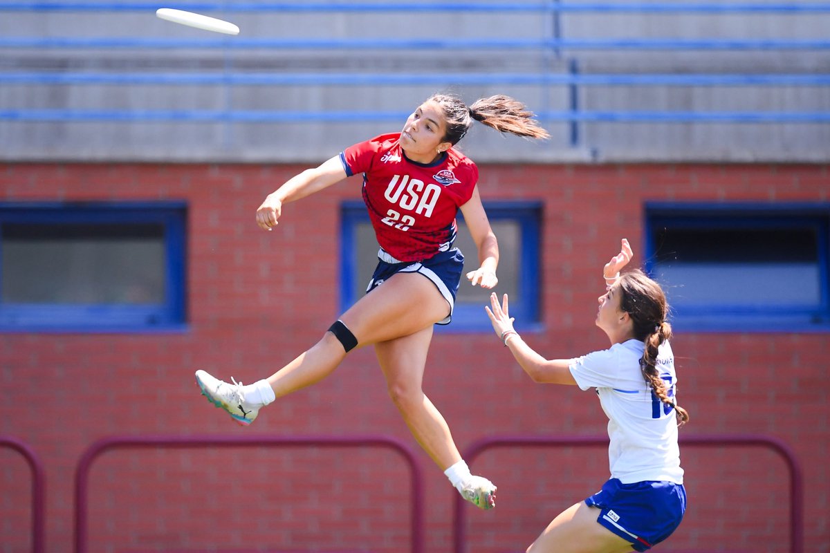 USAUltimate's tweet photo. Day Seven Flicks: Mixed Division 🇺🇸📸

Team USA advances with a dominant second half over France, sending the squad to the gold medal game tomorrow! See @UltiPhotos full coverage through the link: https://t.co/fIokTG83aZ

#PullForUS | #USAUltimate https://t.co/X9BCZit0Gt