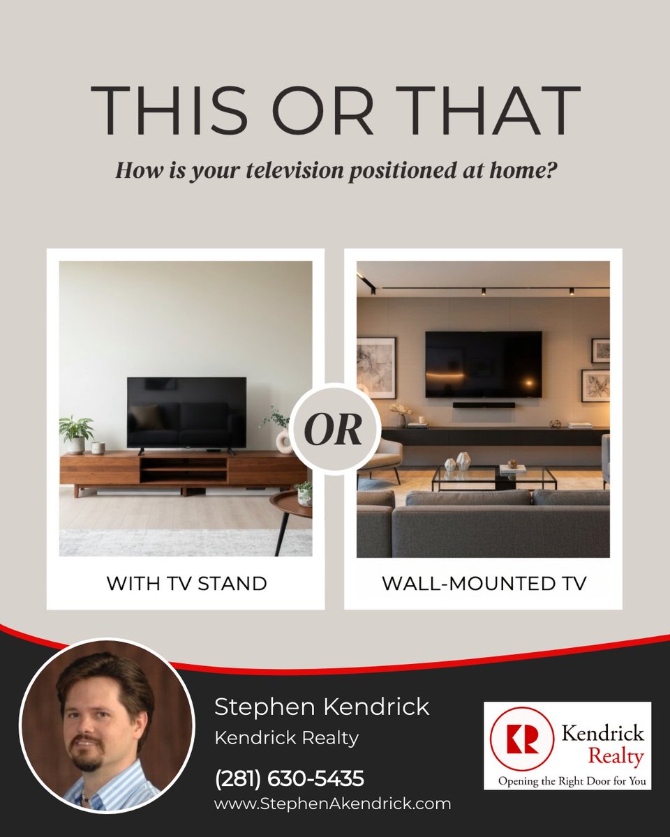 stephenakendric's tweet photo. How do you display your TV at home?
Do you prefer a TV stand for a classic touch and additional storage, or do you opt to mount your TV to save space and achieve a modern aesthetic?
#thisorthat #livingroomdesign #tvstand #katyrealtor #sugarlandrealtor #houstonrealtor https://t.co/fgVt8OmyjB
